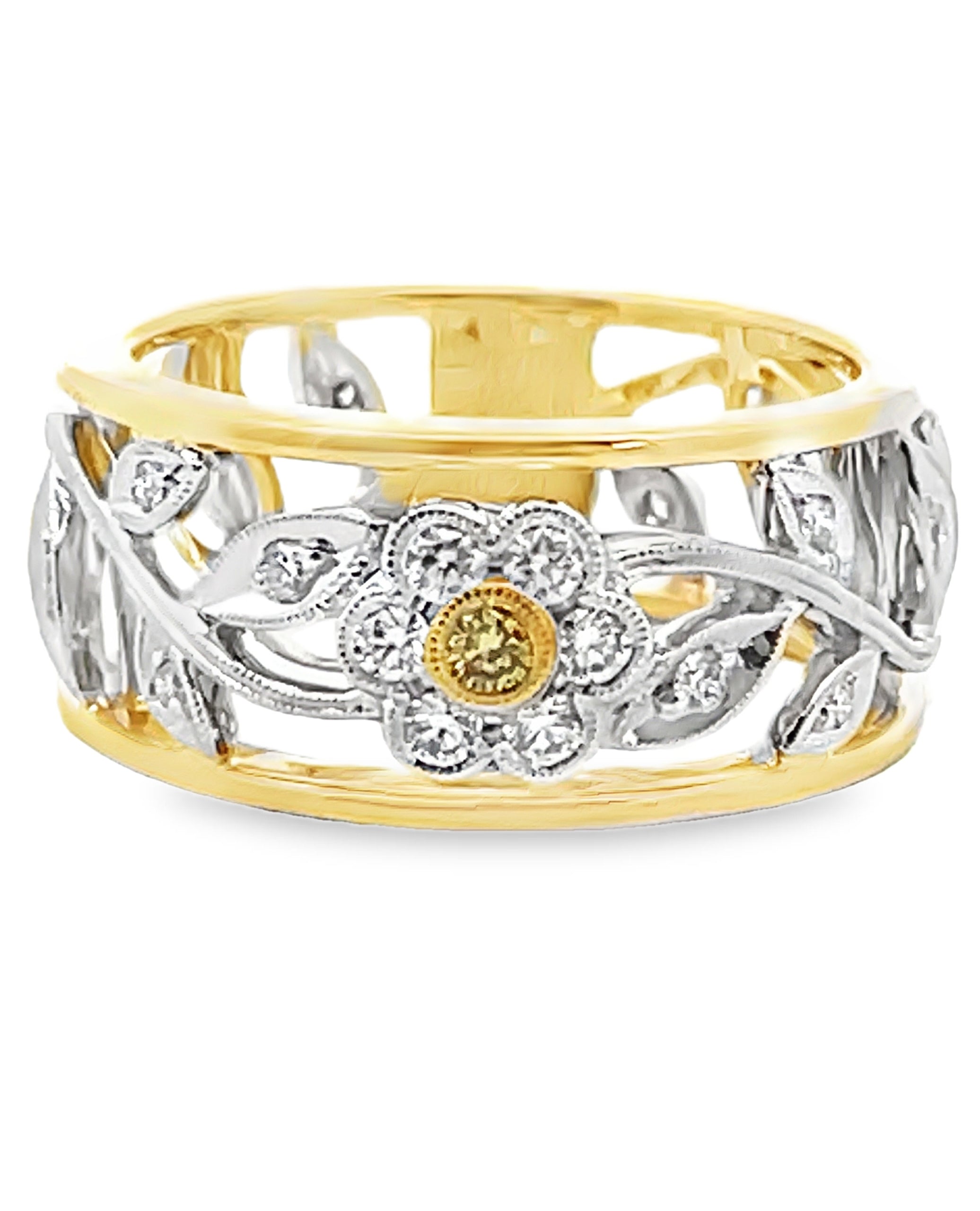 Simon G. MR1000 18K Two Tone Gold White & Yellow Diamond Floral Ring