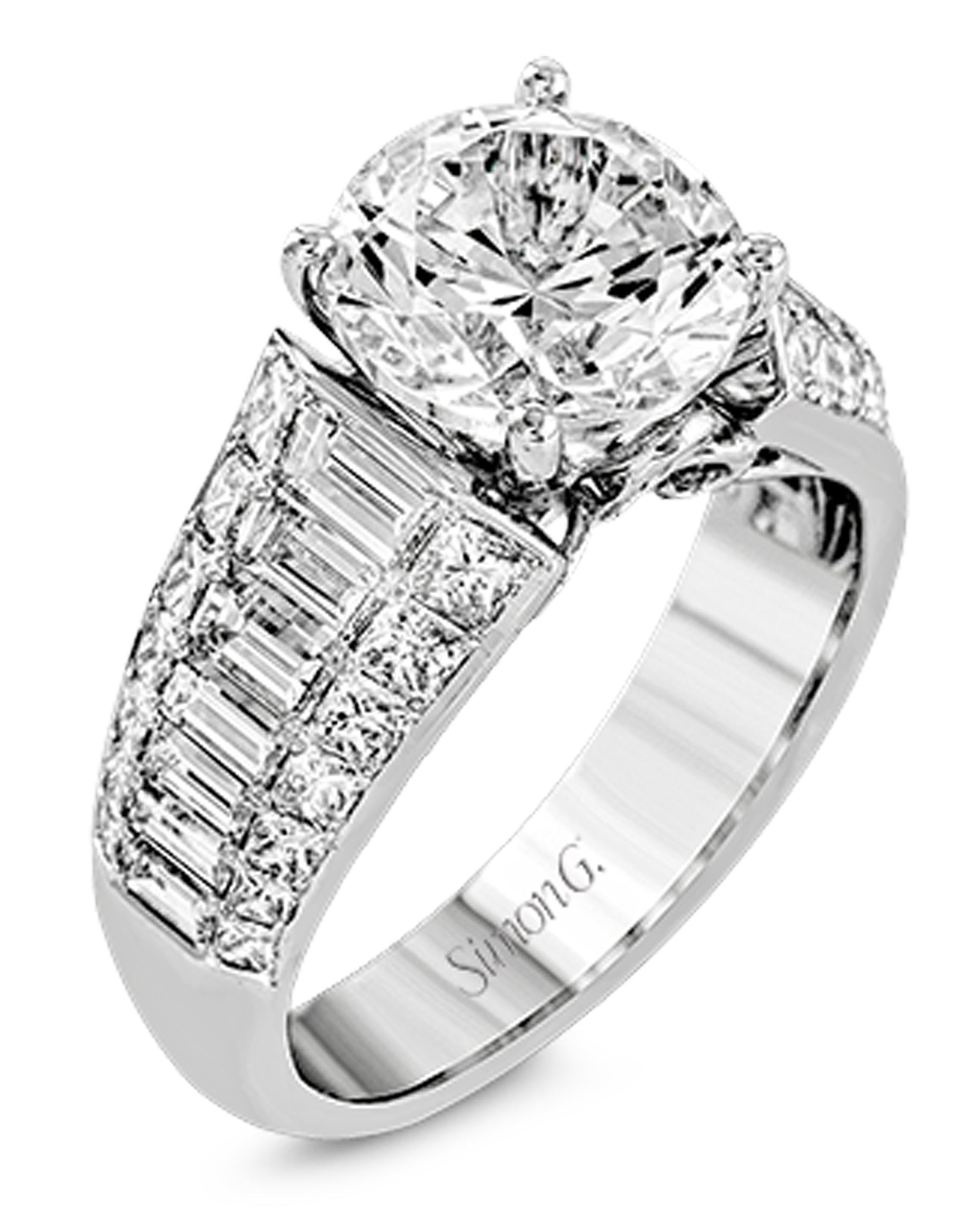 Simon G. MR2534 18K White Gold Engagement Ring with Baguette Diamonds 1.11 Carats and Princess Cut Diamonds 0.99 Carats