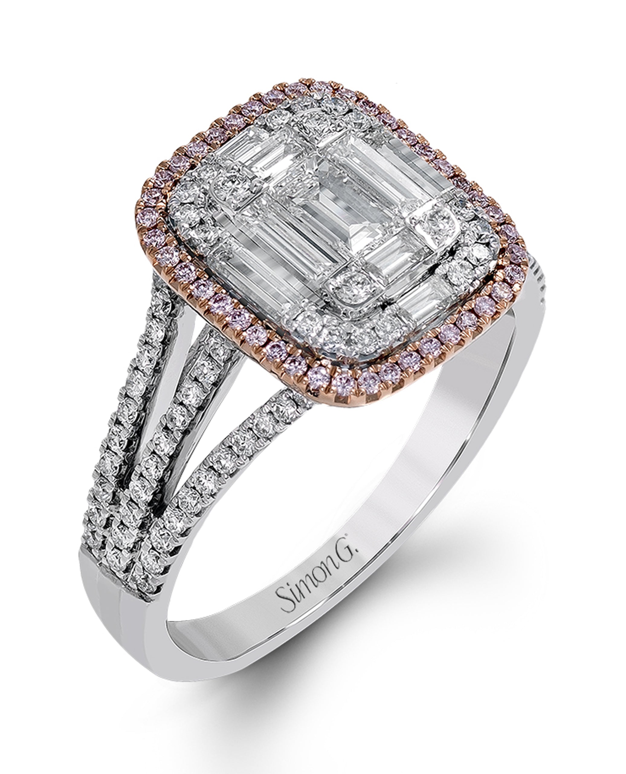 Simon G. MR2627 Pink Diamond Ring with Multi Row Shank in 18K White and Rose Gold