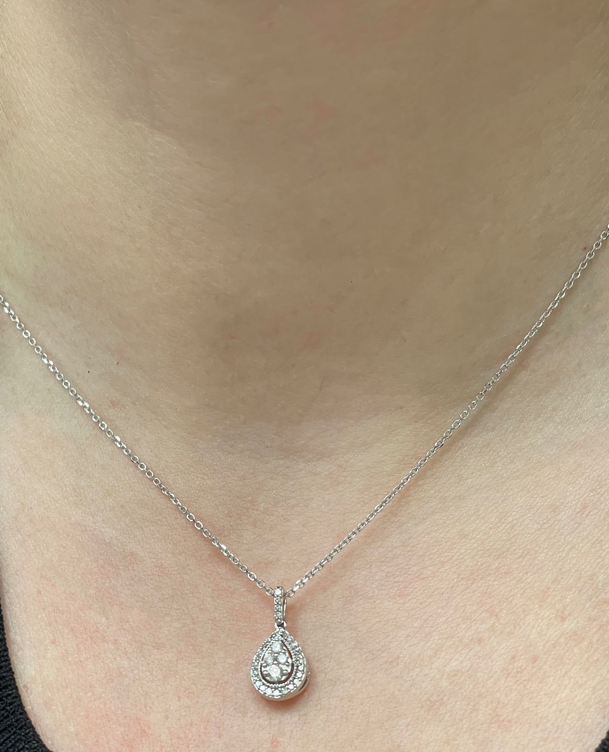 14K White Gold Diamond Necklace with Pear Shaped Pendant 0.25 Carats Total