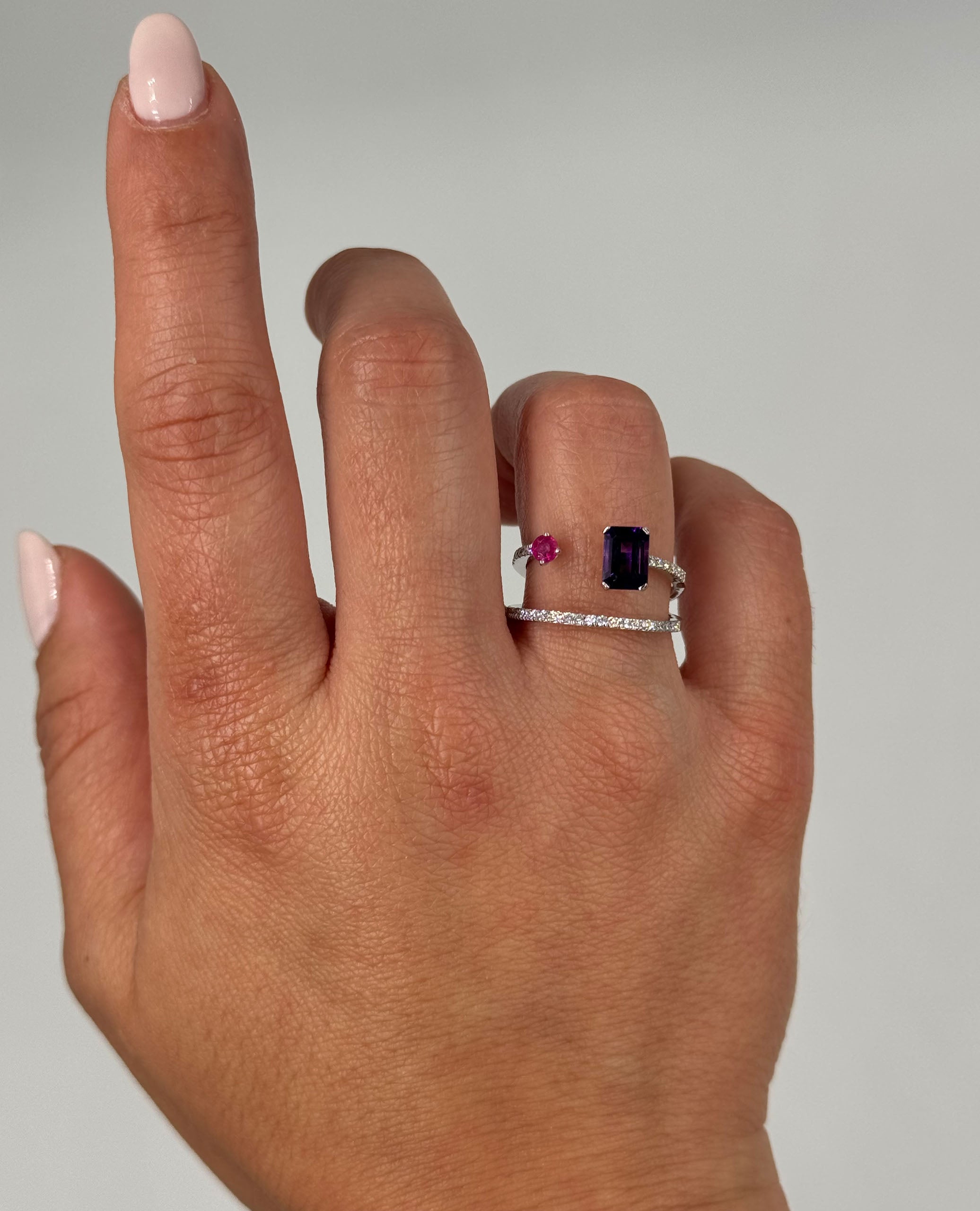 Asymmetric Bypass Style Amethyst & Ruby Ring in 14K White Gold with Diamonds