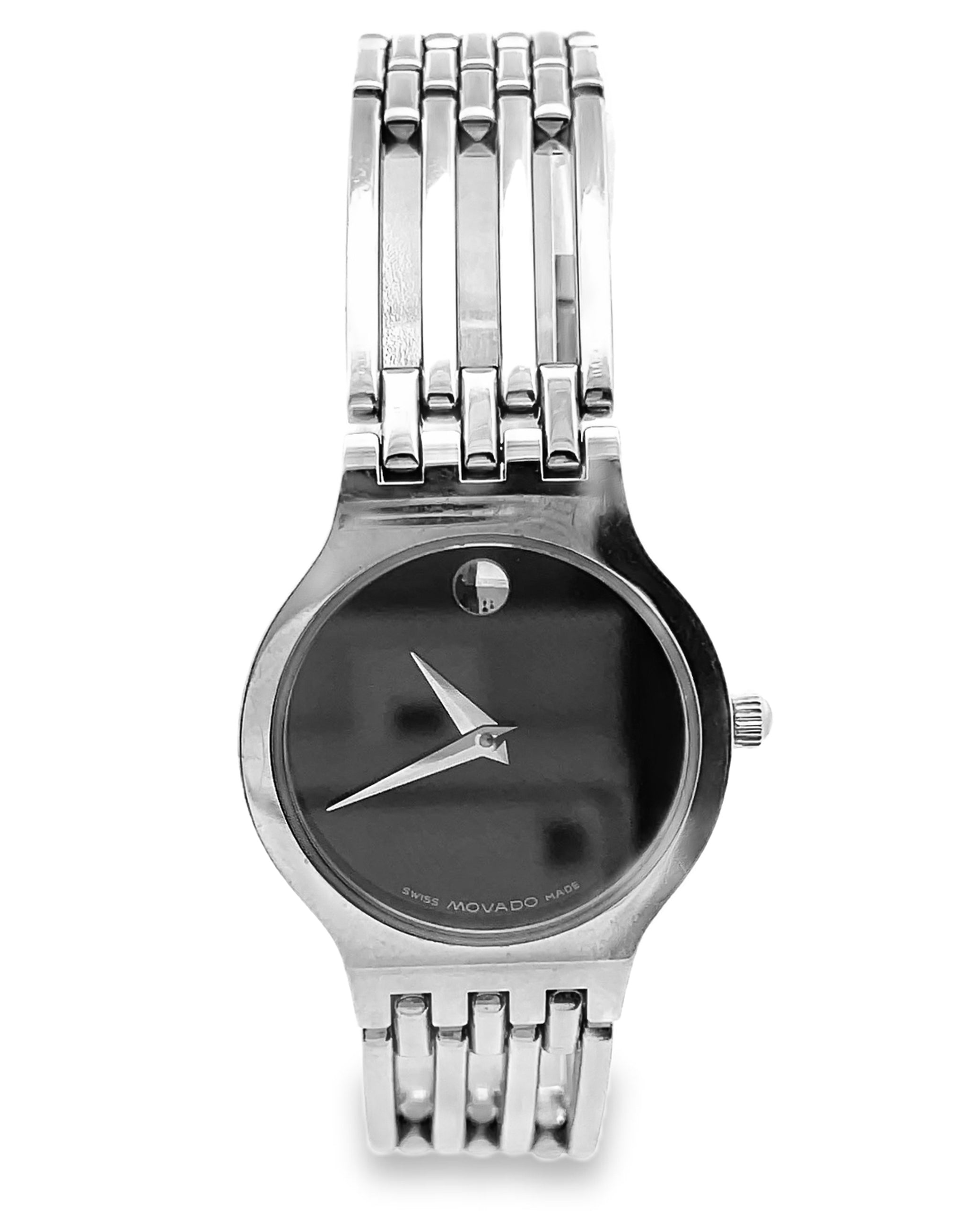 Pre-owned Movado Stainless Steel 20mm Black Dial with Stainless Steel Band