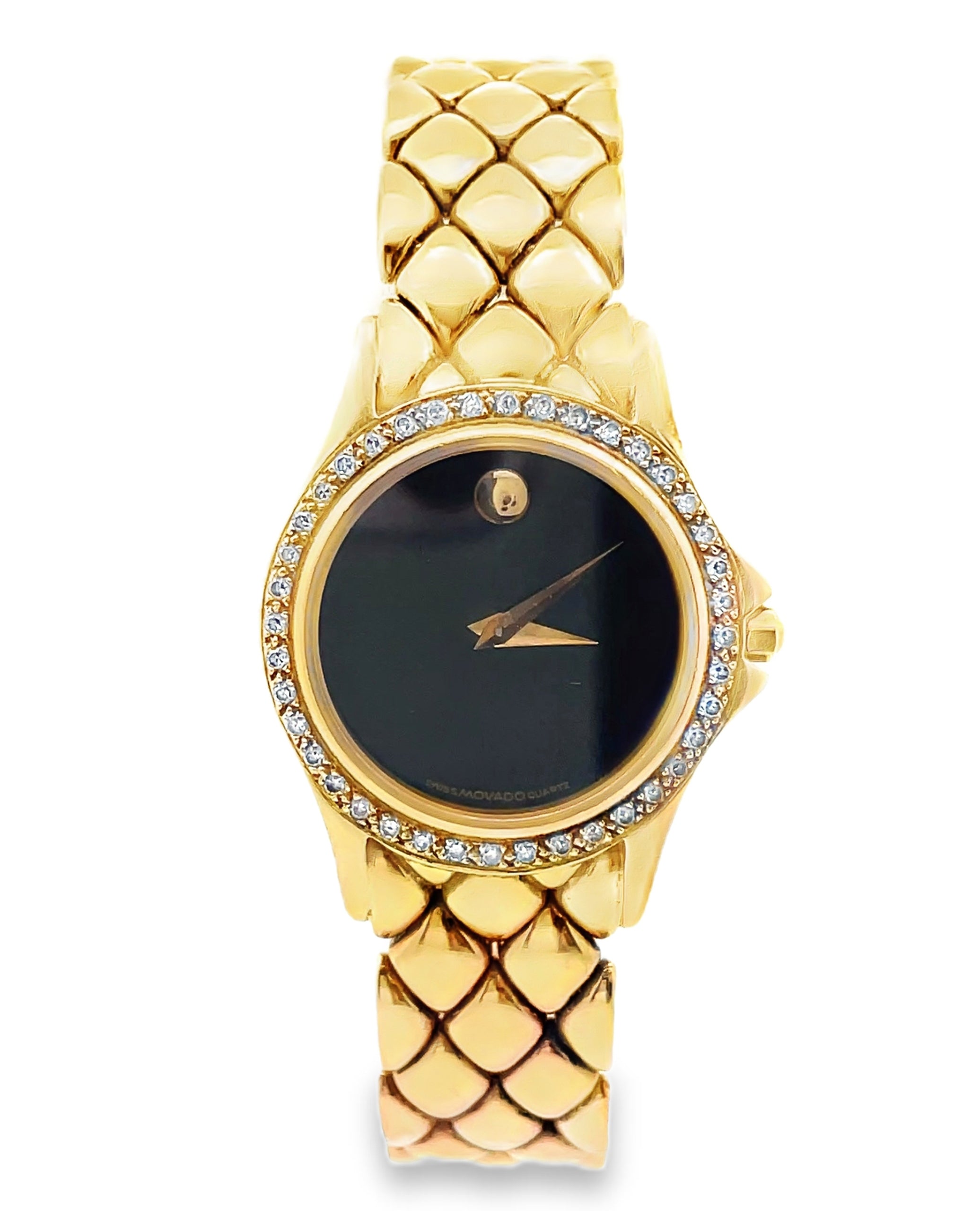 Pre-owned Movado 14K Yellow Gold, 18mm Black Dial with 14K Yellow Gold Band & Diamond Bezel