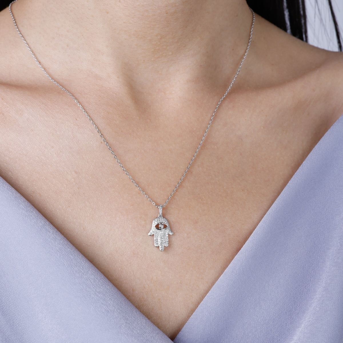 14K White Gold Hamsa Diamond Necklace with Eye