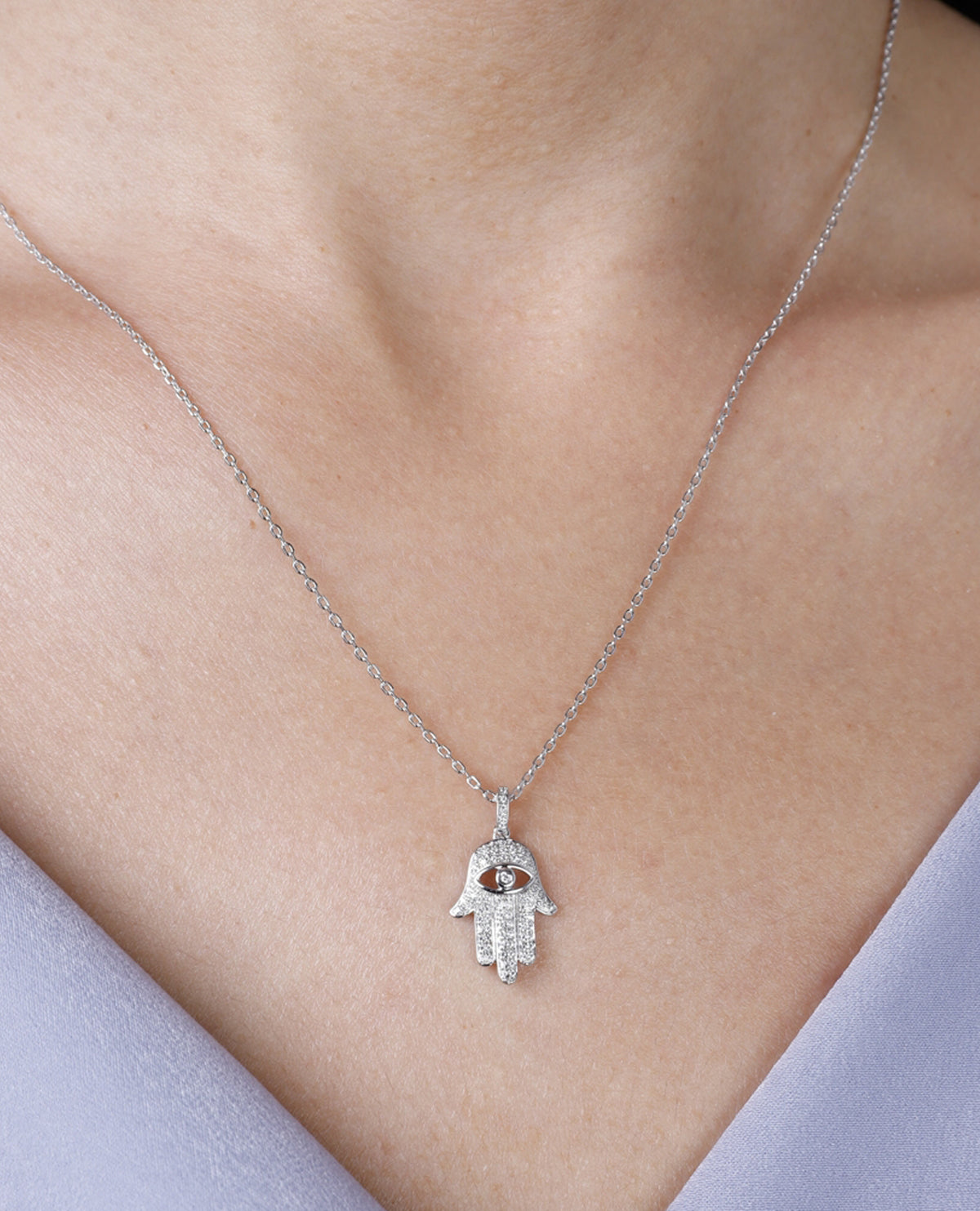 Hamsa Diamond Necklace 0.17 Carat with Evil Eye in 14K White Gold Freely Adjustable Length