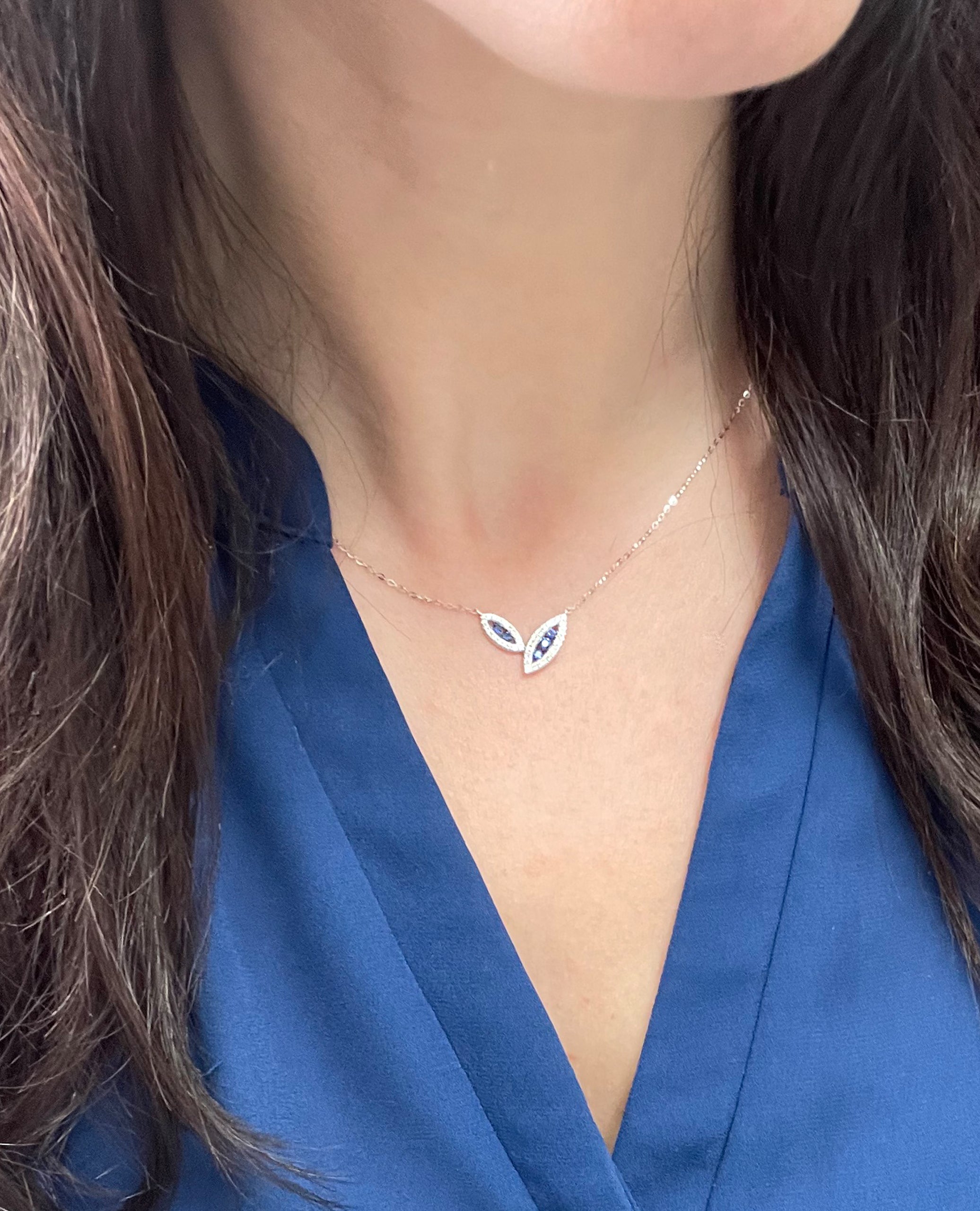 Double Leaf Asymmetric Sapphire and Diamond Necklace in 14K White Gold