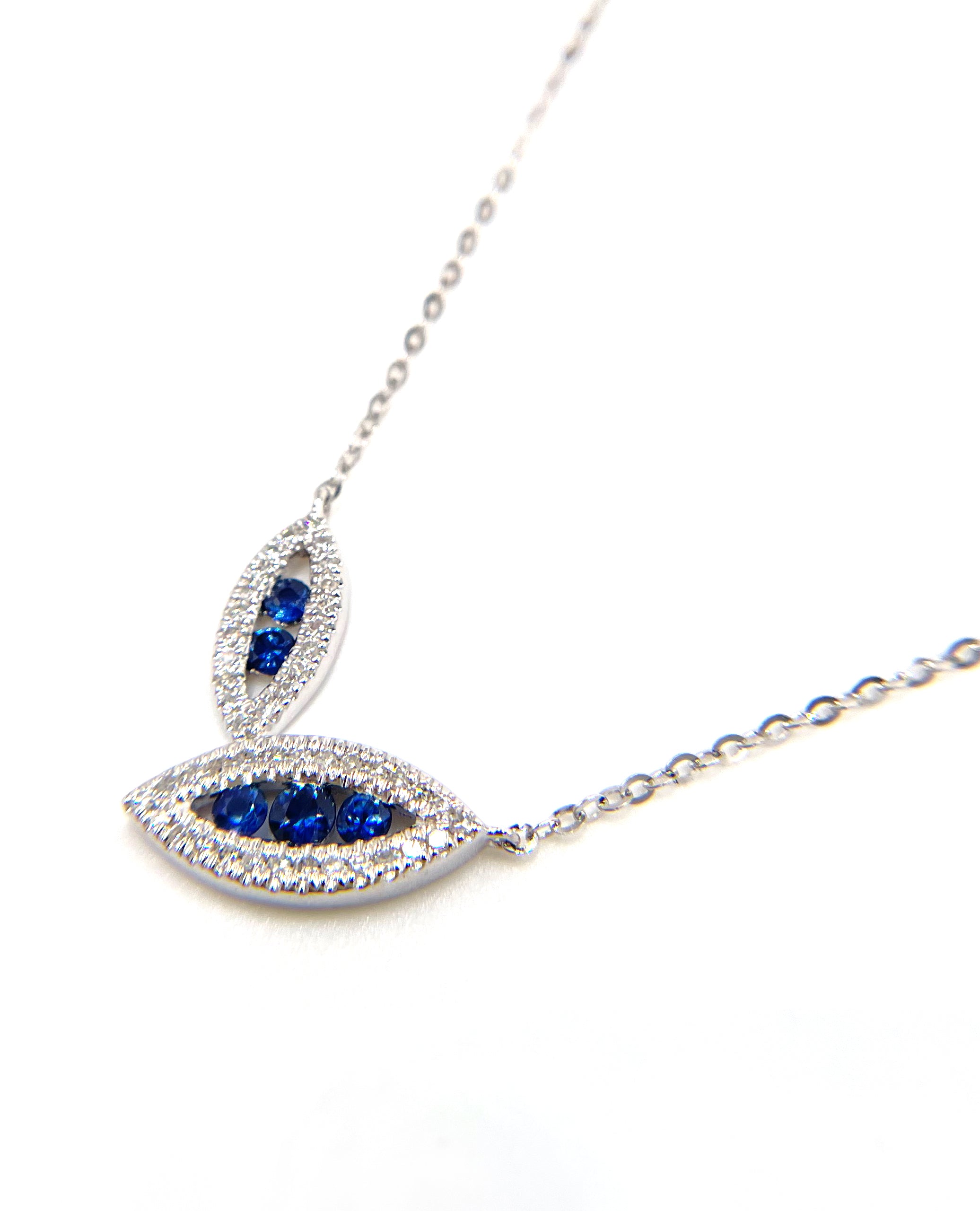 Double Leaf Asymmetric Sapphire and Diamond Necklace in 14K White Gold