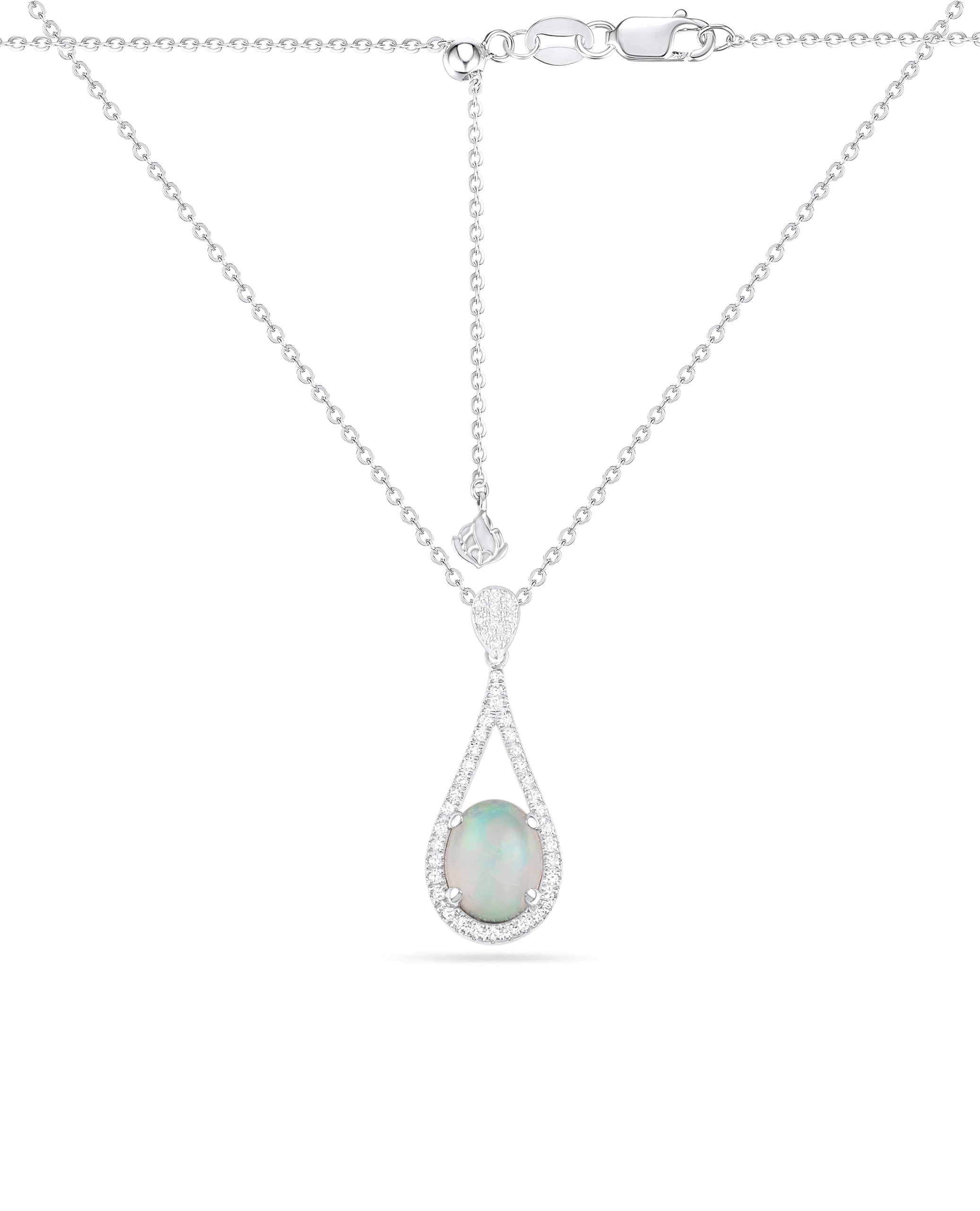 14K White Gold Opal Pendant Necklace - Adjustable