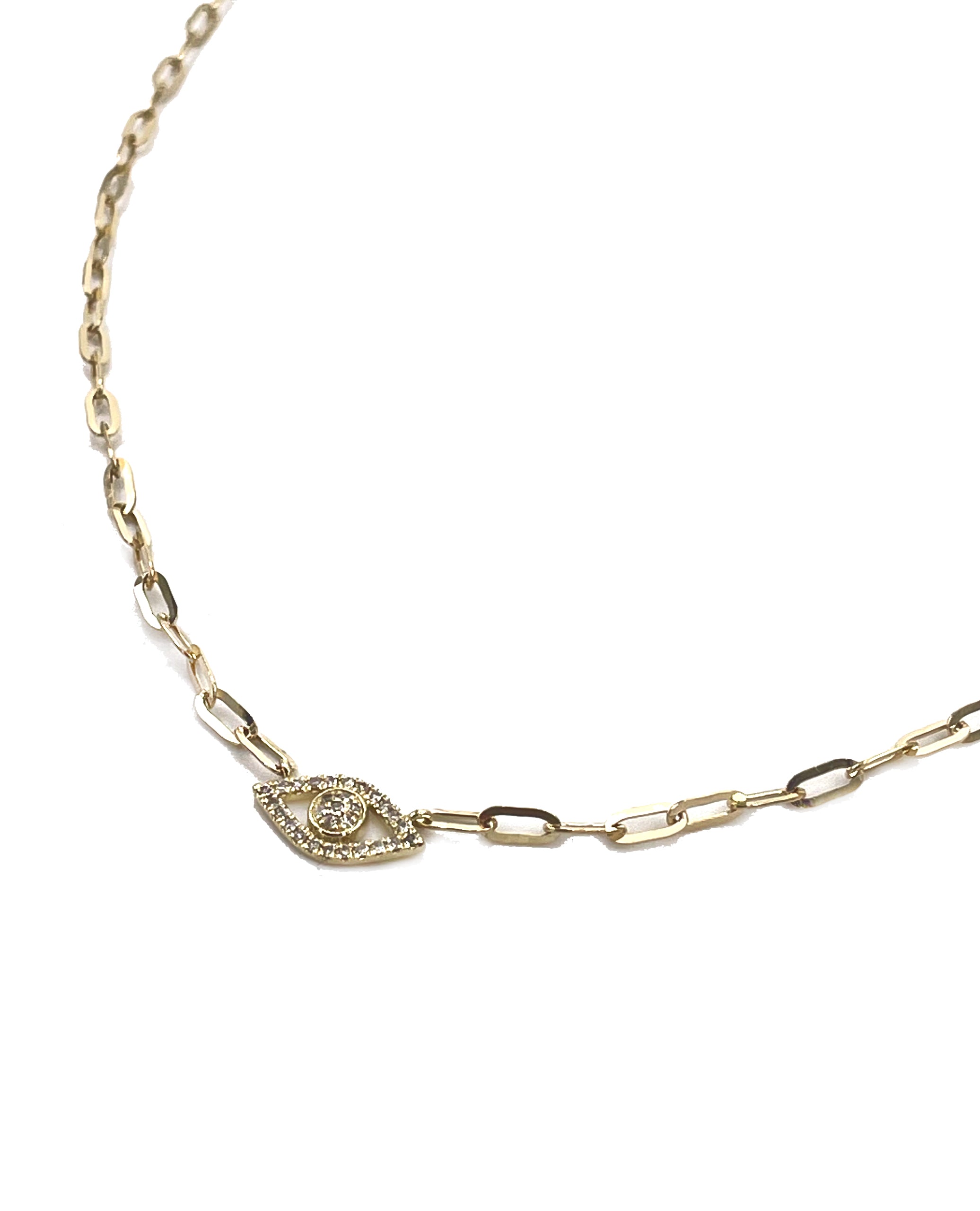 14K Yellow Gold Paperclip Evil Eye Necklace