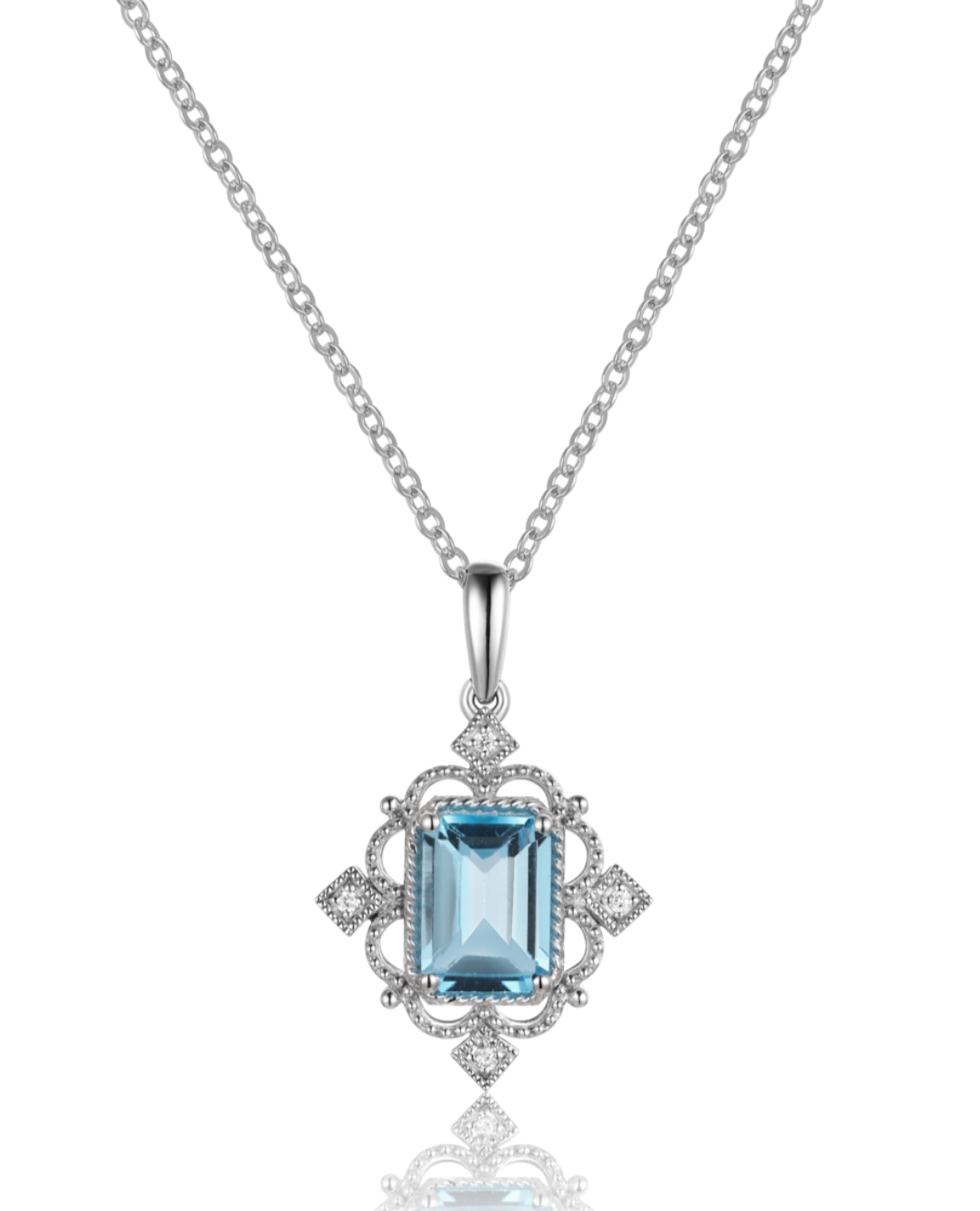 14K White Gold Vintage Inspired Necklace with Blue Topaz