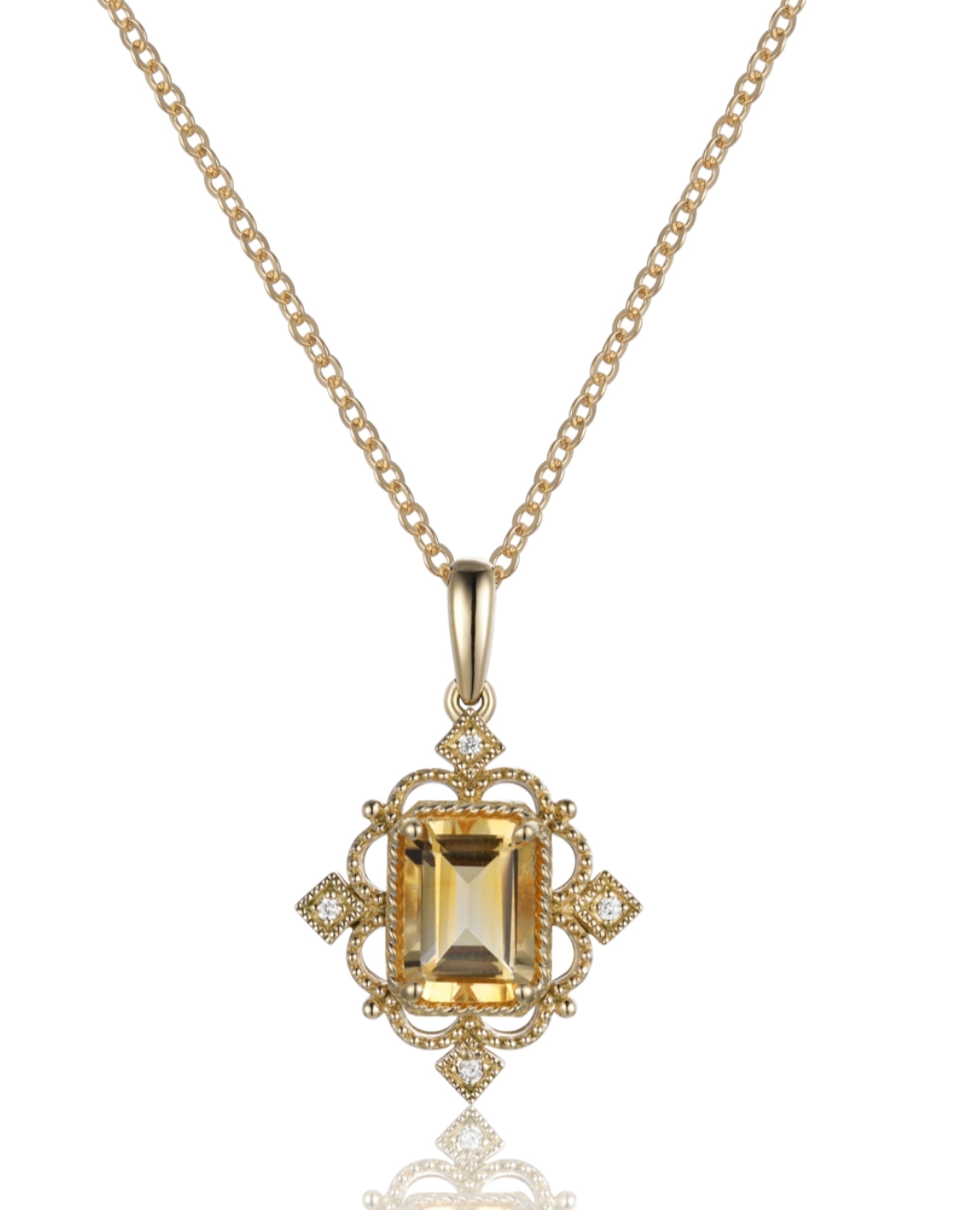 14K Yellow Gold Pendant Necklace with Citrine and Diamonds