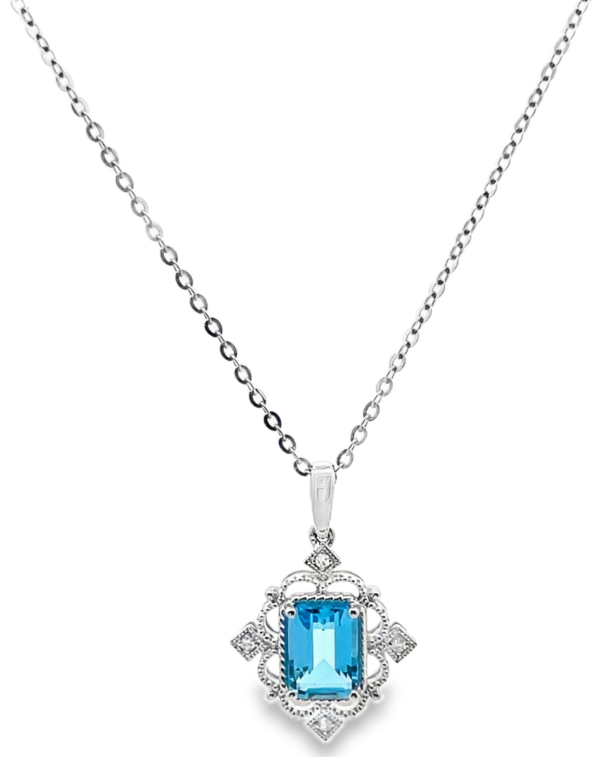 14K White Gold Vintage Inspired Necklace with Blue Topaz