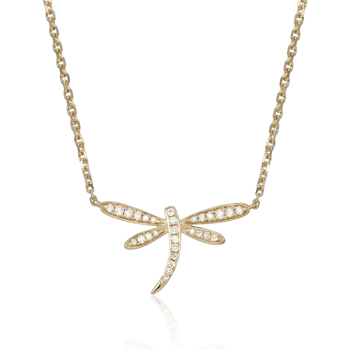 14K Yellow Gold 0.18 Carat Diamond Dragonfly Necklace