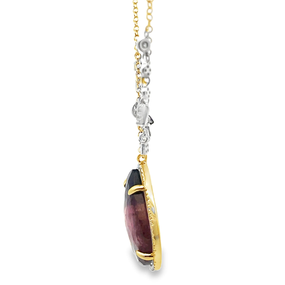 Meira T N16916/YW 14K Yellow Gold Diamond & Pear Shaped Watermelon Tourmaline Pendant Necklace