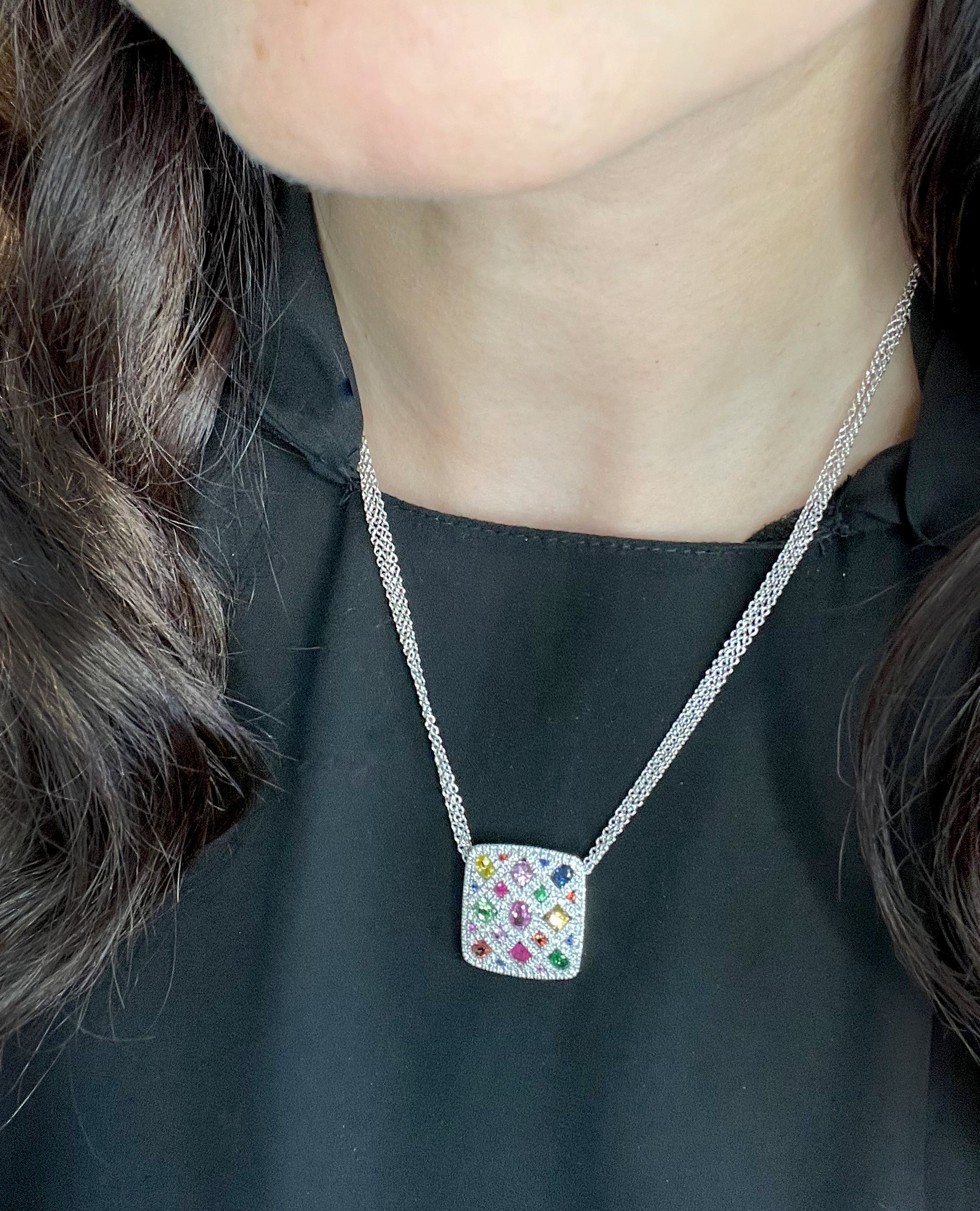 Allison Kaufman 14K White Gold Colorful Necklace with Sapphires, Garnet, Ruby