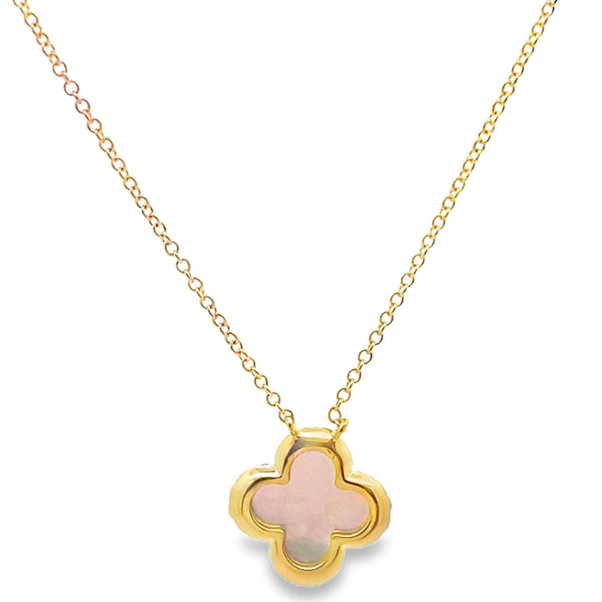 14K Yellow Gold Four Leaf 11.4mm Mother Of Pearl Pendant Necklace with Diamonds