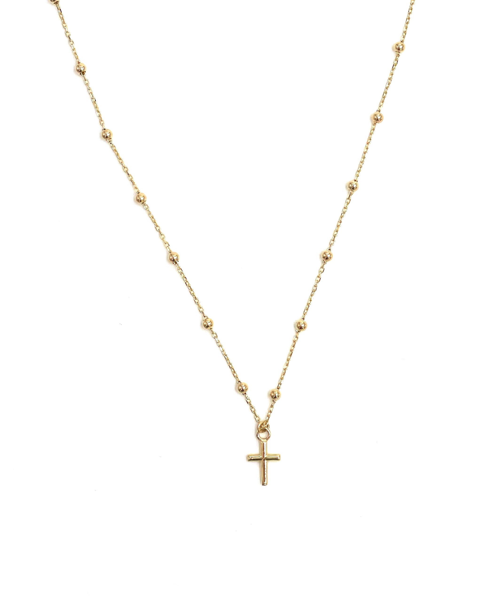14K Yellow Gold Mini Cross Necklace, 16 inches and 18 inches Adjustable Length, with Beads Along the Chain and Circular Spring Lock Closure
