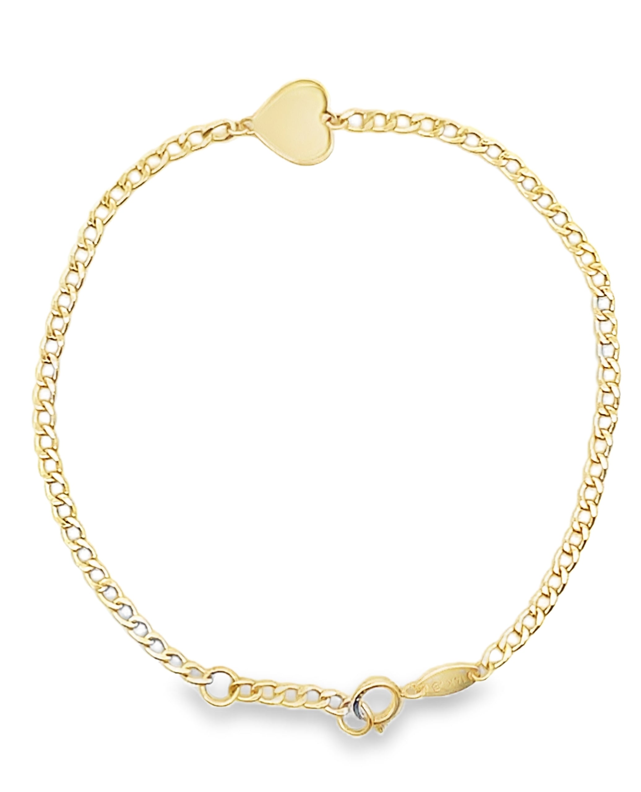 14K Yellow Gold Heart Bracelet with Link Chain, Circular Spring Lock Closure, Adjustable Length, Can be Worn 6.5 Inches or 7 Inches
