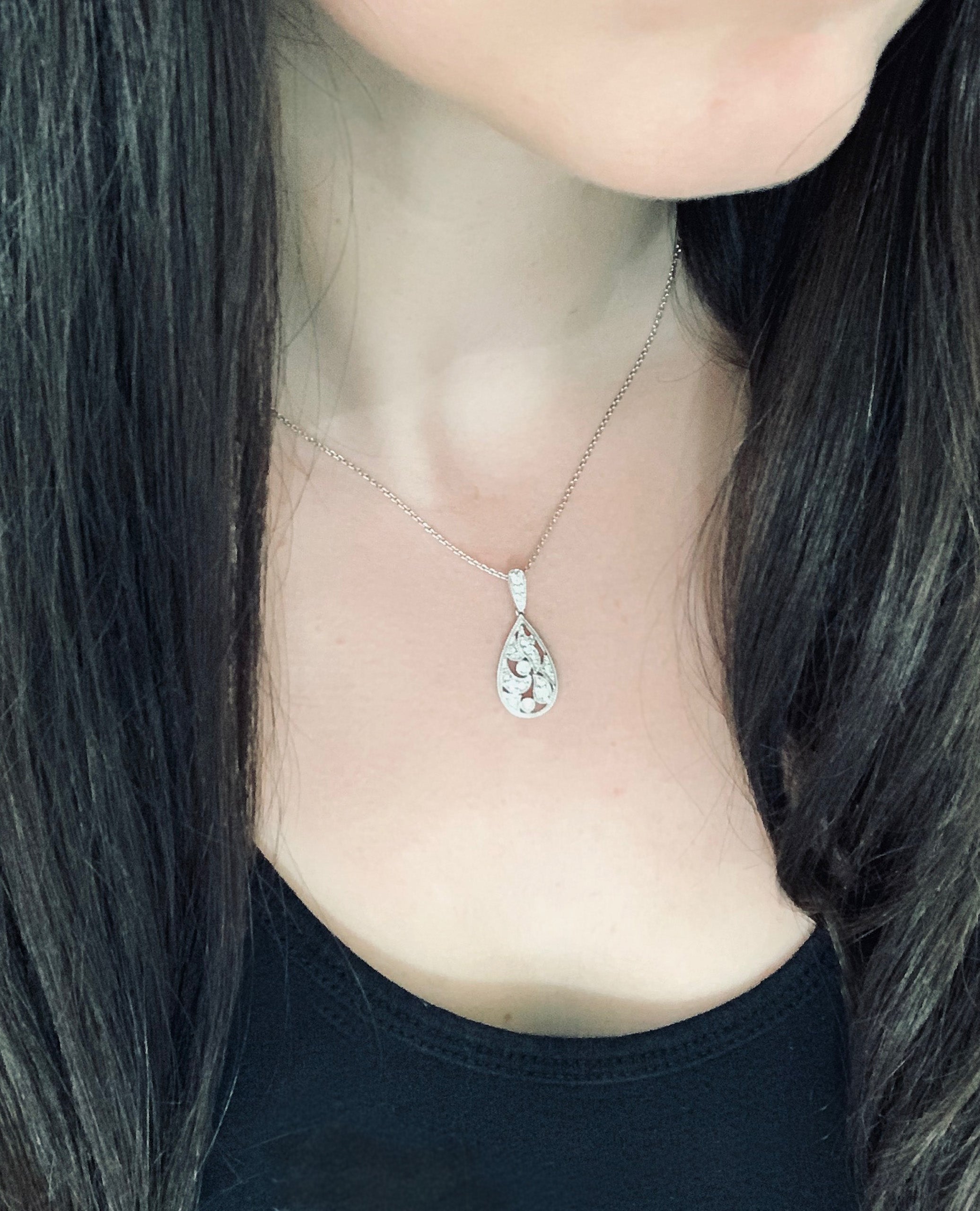 Pear Shape Diamond Drop Pendant Necklace 14K White Gold