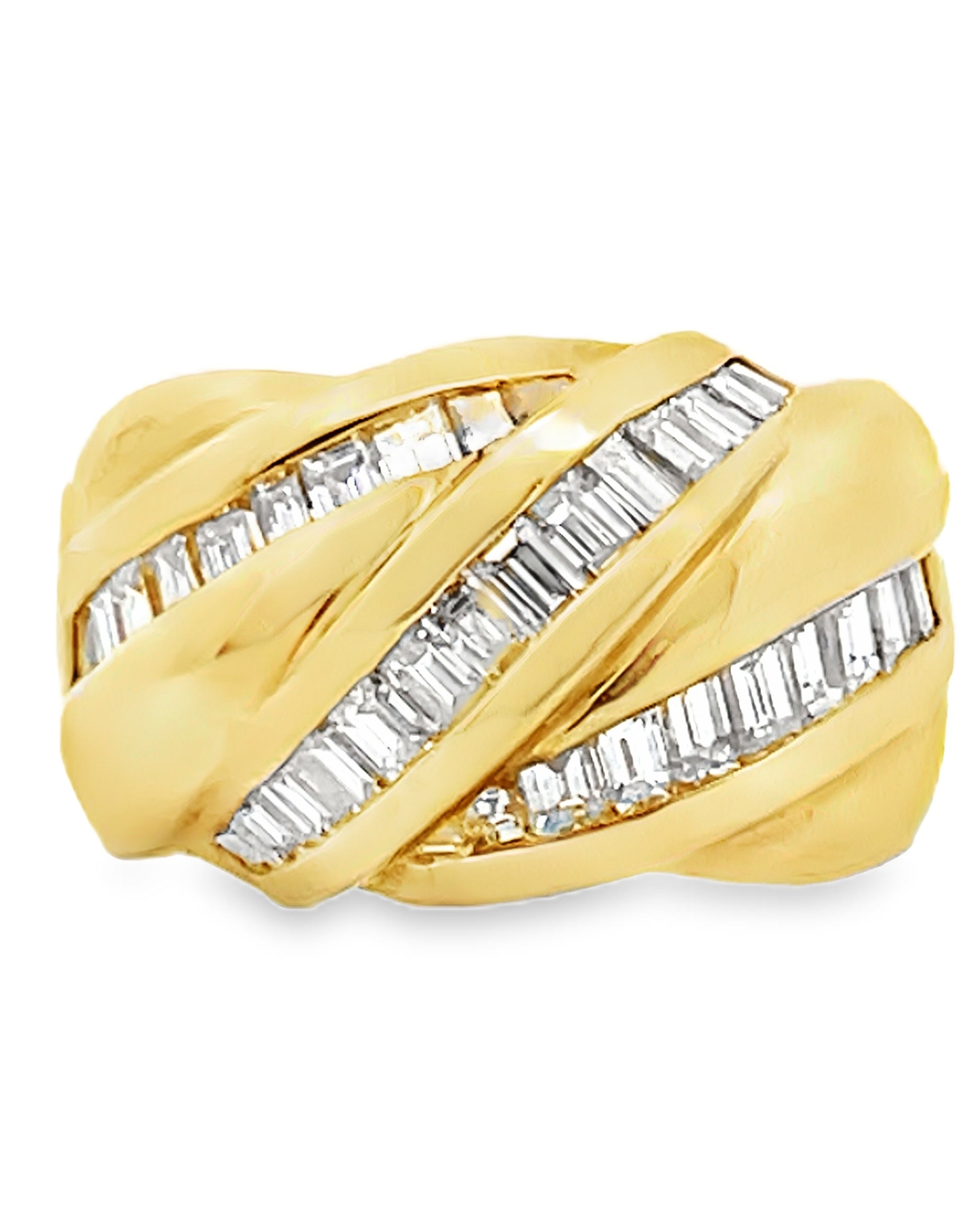 Vintage 18K Gold Diamond Ring with Overlapping Rows of Baguette Diamonds 1.50 Carats