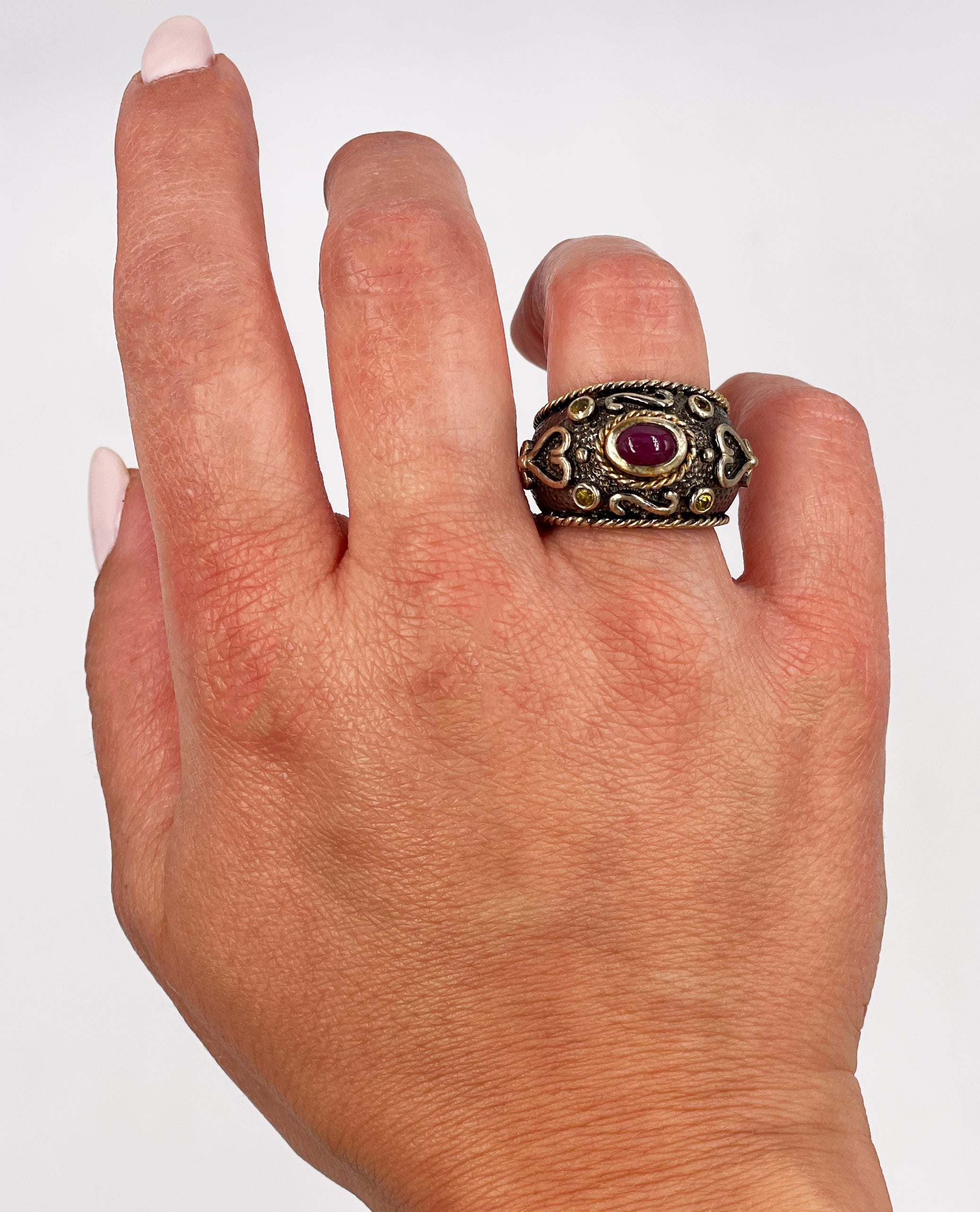 Ruby and Peridot in Sterling Silver Ring with 18K Vermeil Byzantine