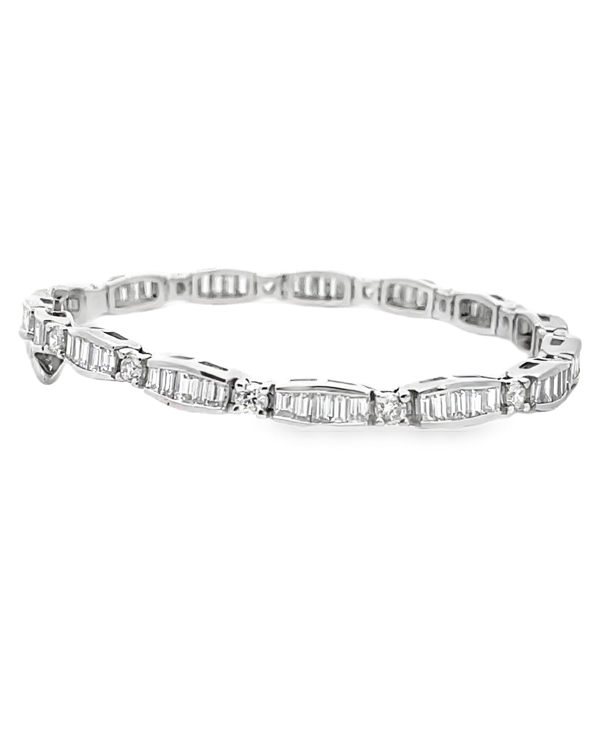 14K White Gold Baguette and Round Diamond Bracelet