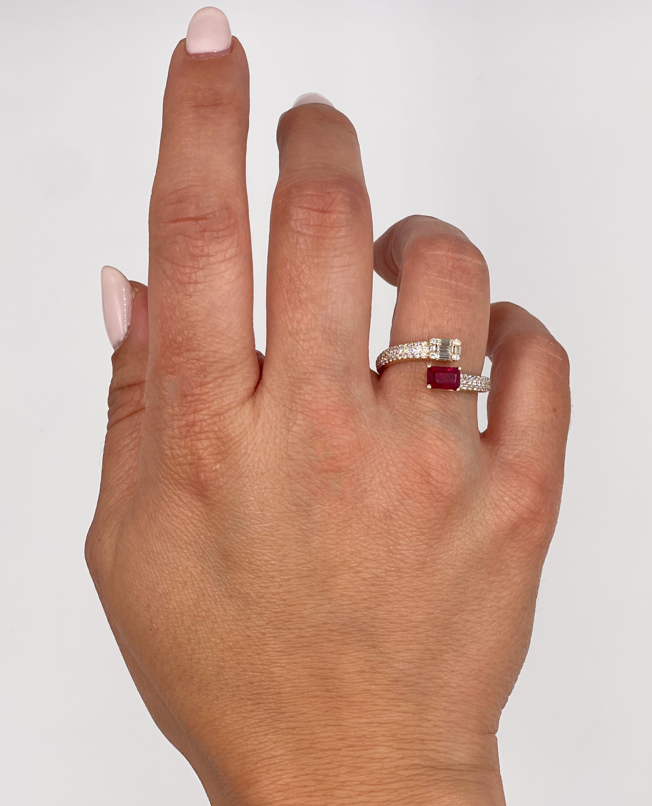 Emerald Cut Diamond and Step Cut Ruby Bypass Ring in 14K Yellow Gold