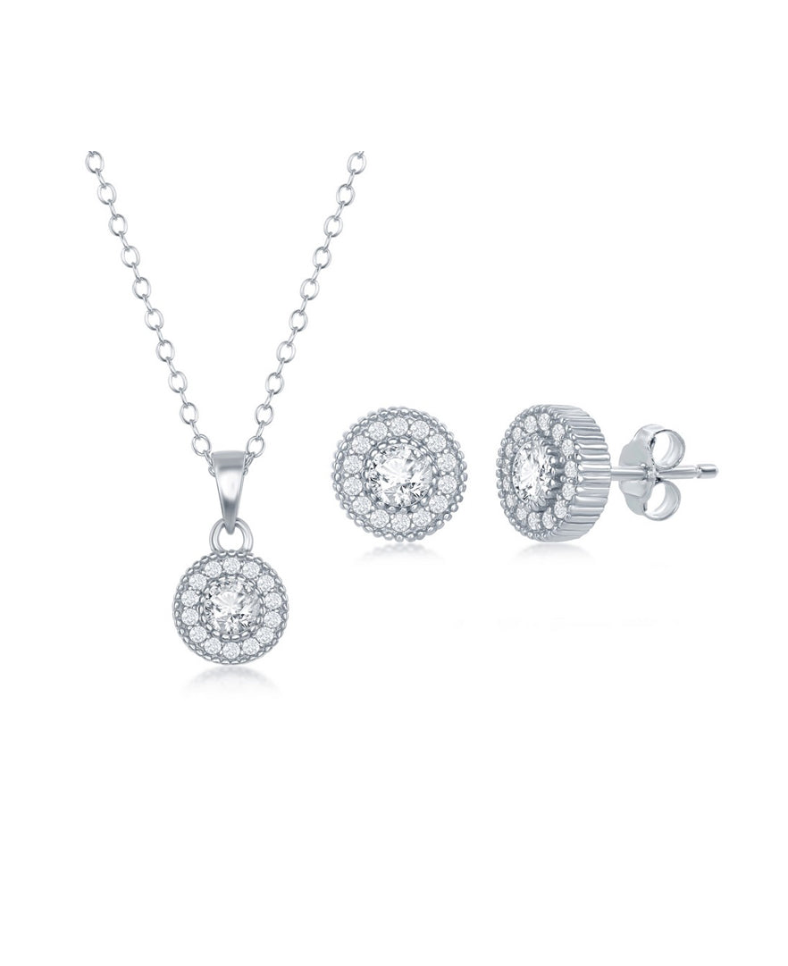 Sterling Silver Halo Necklace and Earrings Set