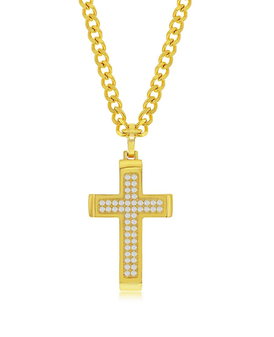 Stainless Steel Polished CZ Cross Necklace