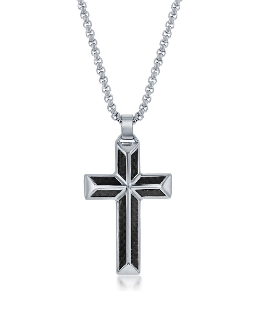 Stainless Steel Black Carbon Fiber Cross Necklace