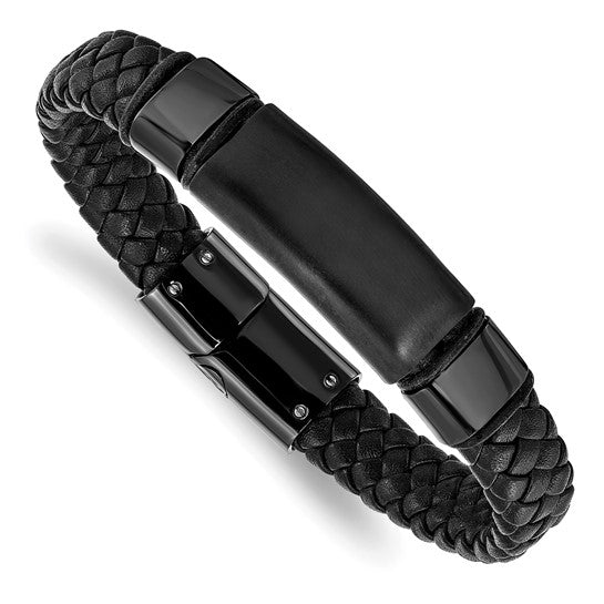 Braided Black Leather Bracelet with Stainless Steel, ID Bracelet Motif, Brushed and Polished Accents, 8.25 Inches