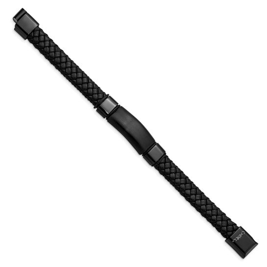 Braided Black Leather Bracelet with Stainless Steel, ID Bracelet Motif, Brushed and Polished Accents, 8.25 Inches