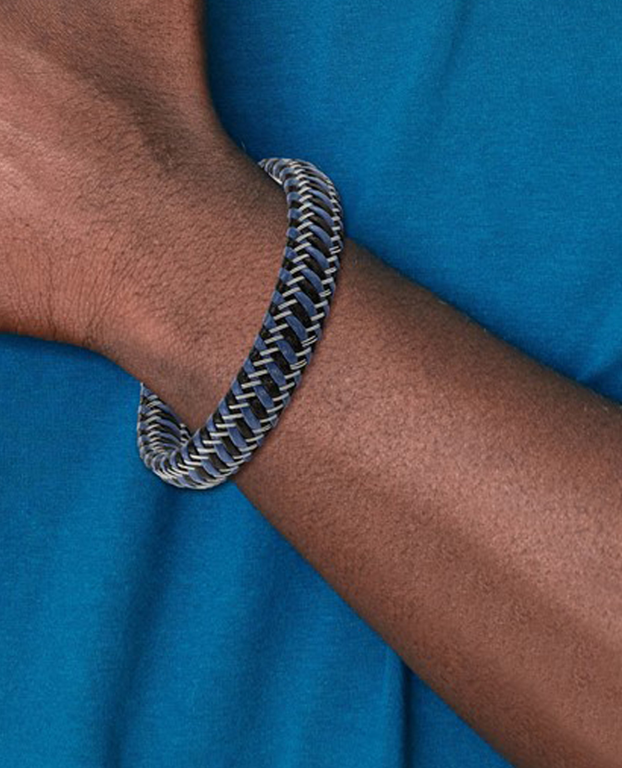Stainless Steel Polished Black and Blue Leather Bracelet