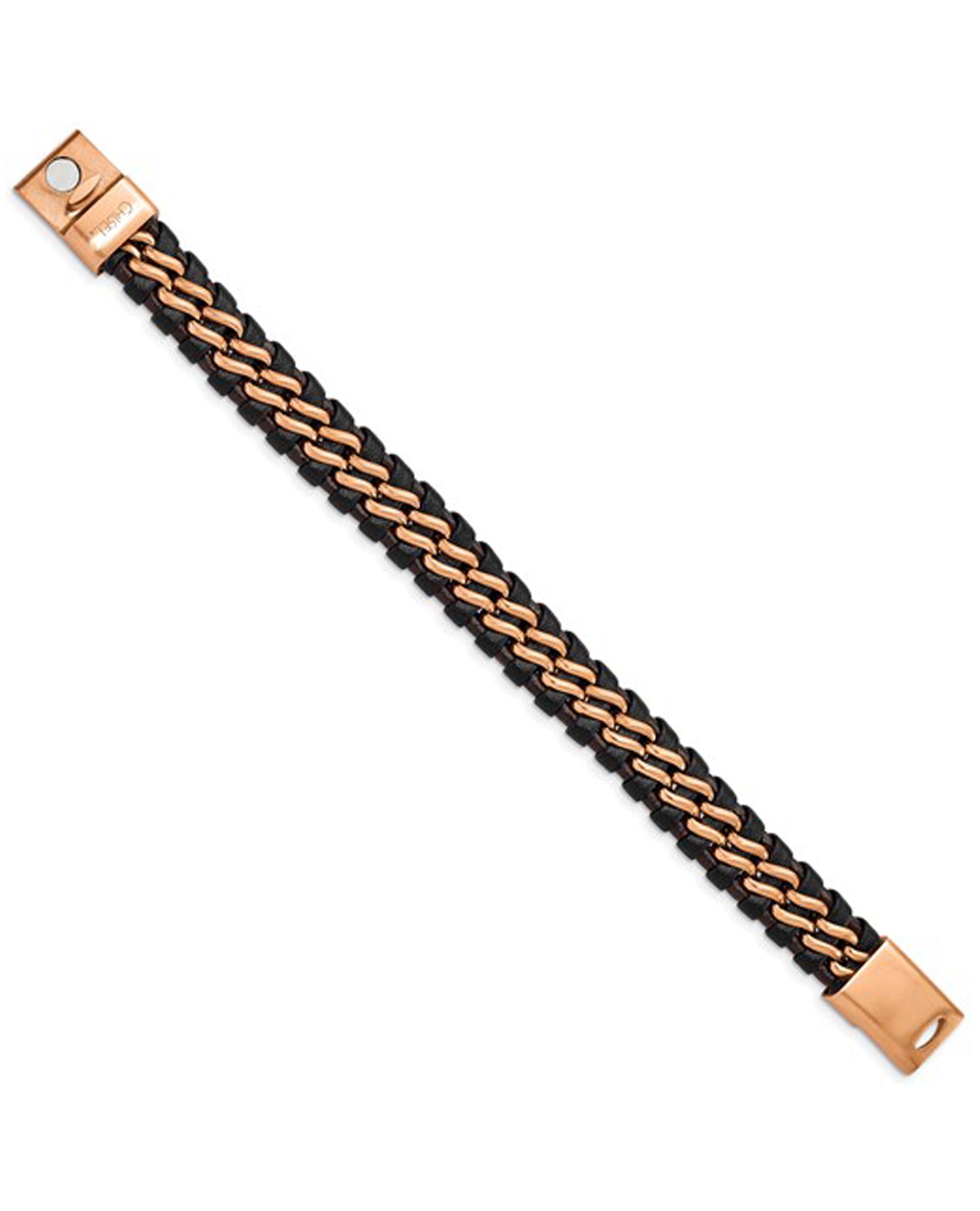 Stainless Steel Brushed Rose Plated Brown Leather Bracelet