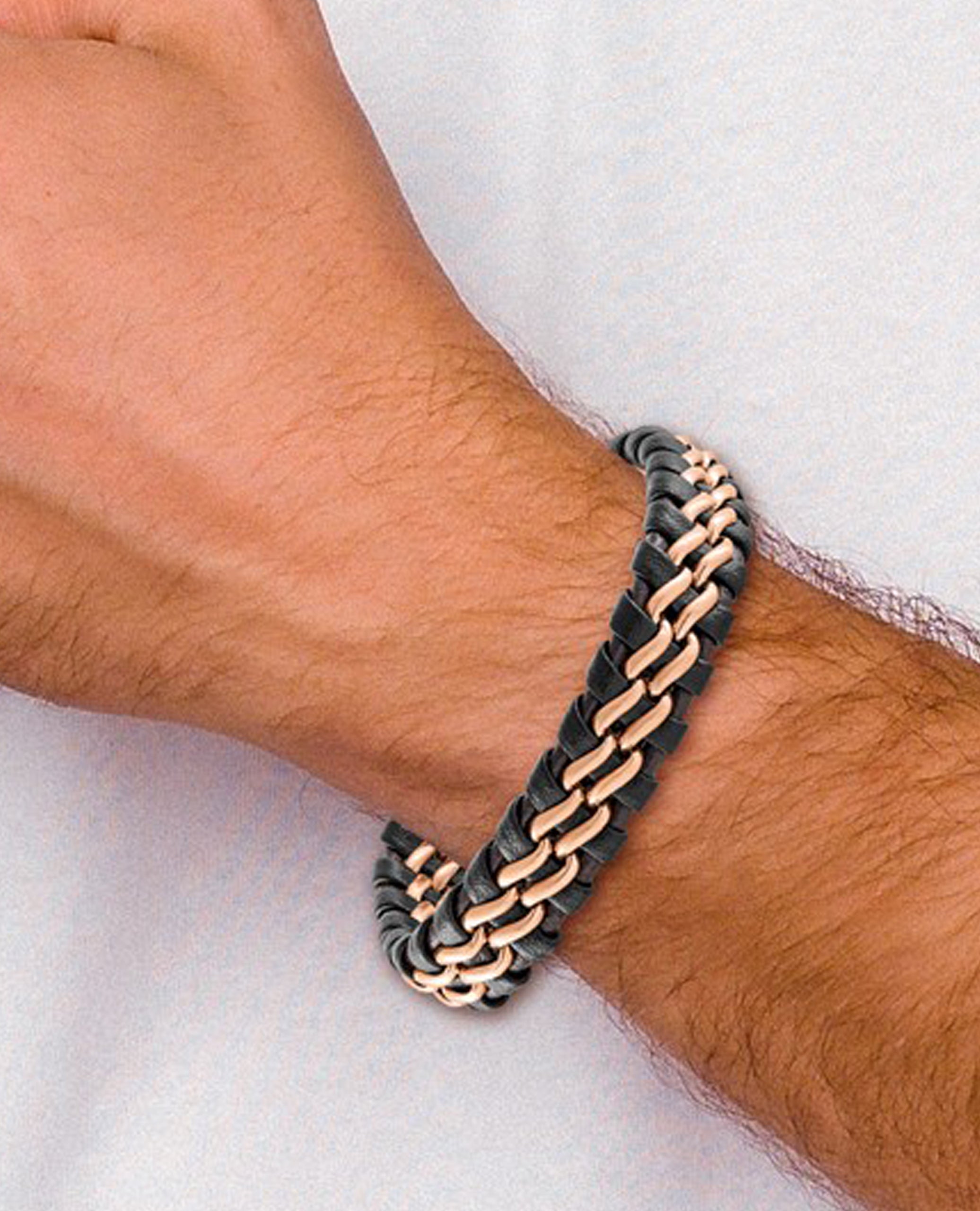 Stainless Steel Brushed Rose Plated Brown Leather Bracelet