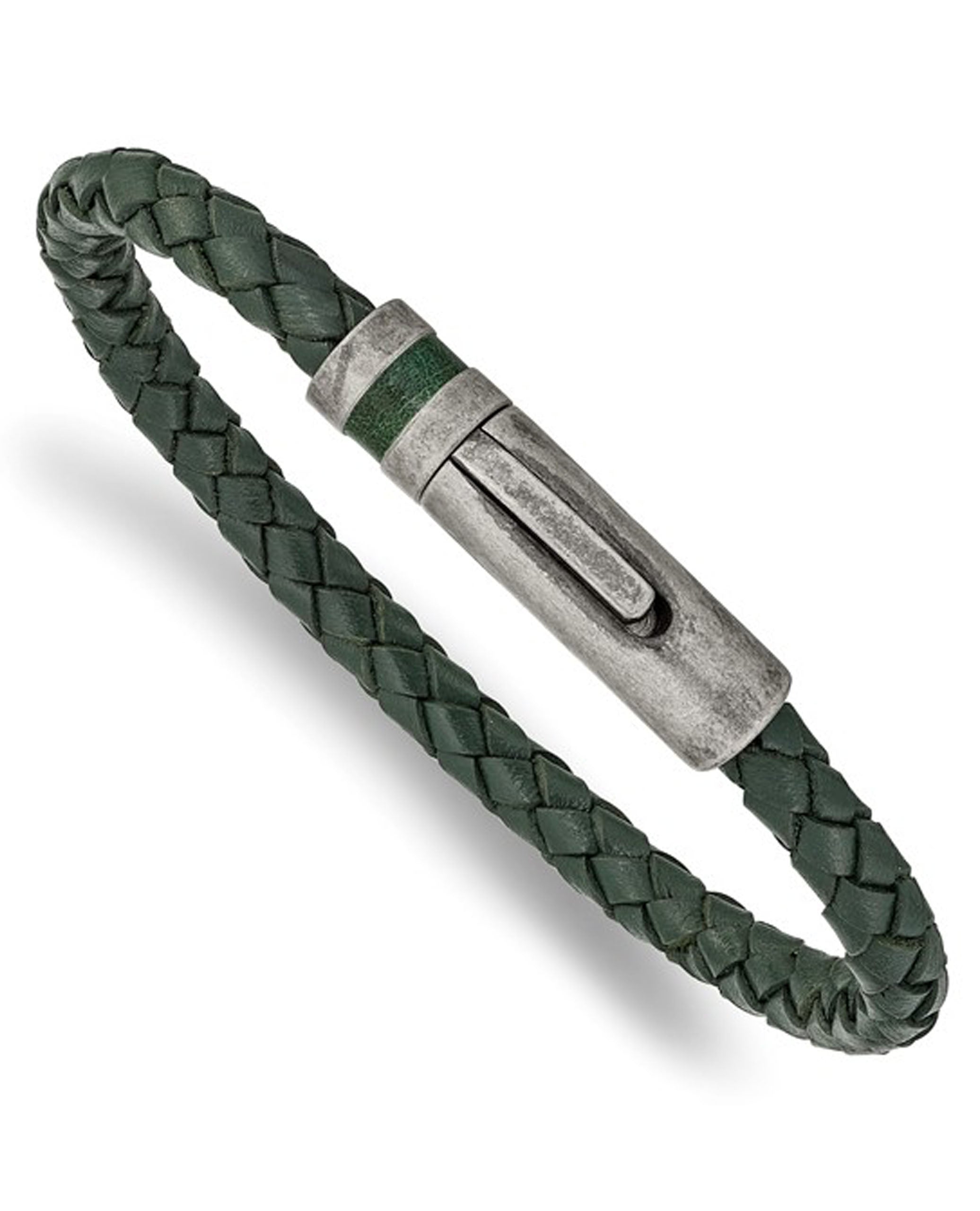 Green braided leather bracelet with antiqued stainless steel clasp.