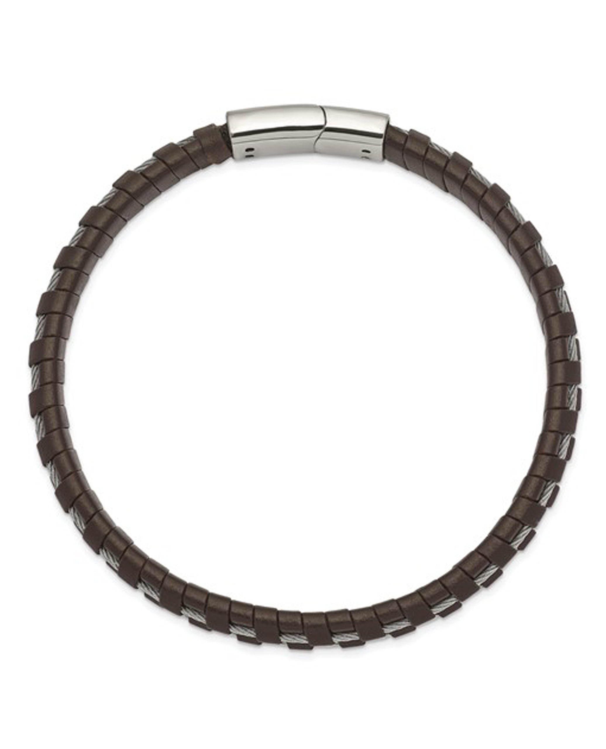 Stainless Steel Polished Cable & Brown Leather Bracelet