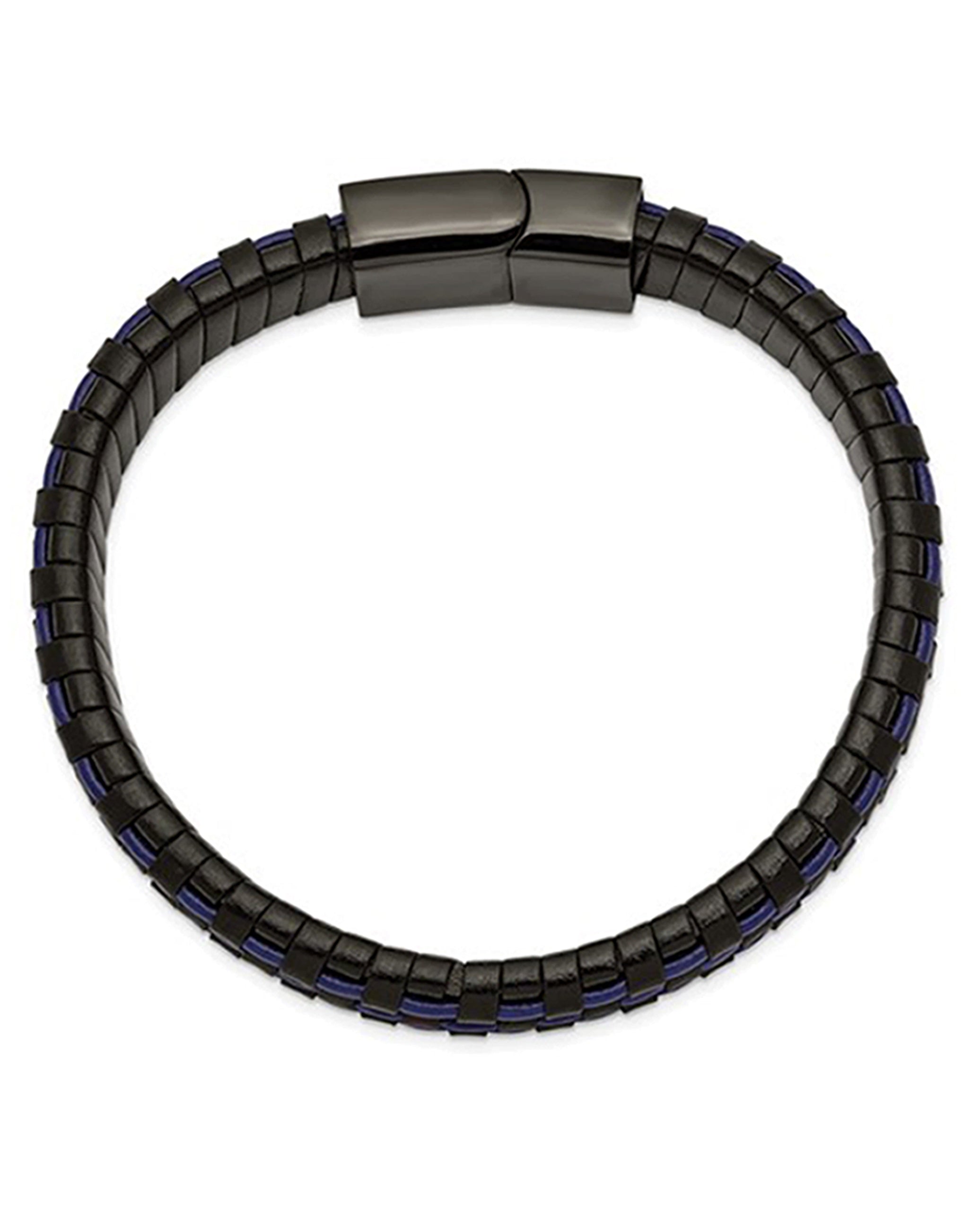 Stainless Steel Polished Black & Blue Leather Bracelet