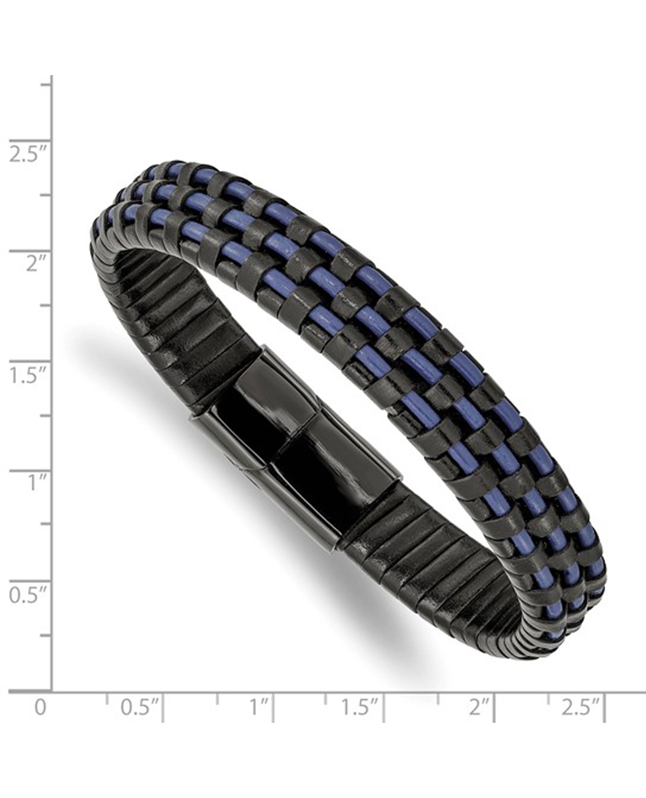 Stainless Steel Polished Black & Blue Leather Bracelet