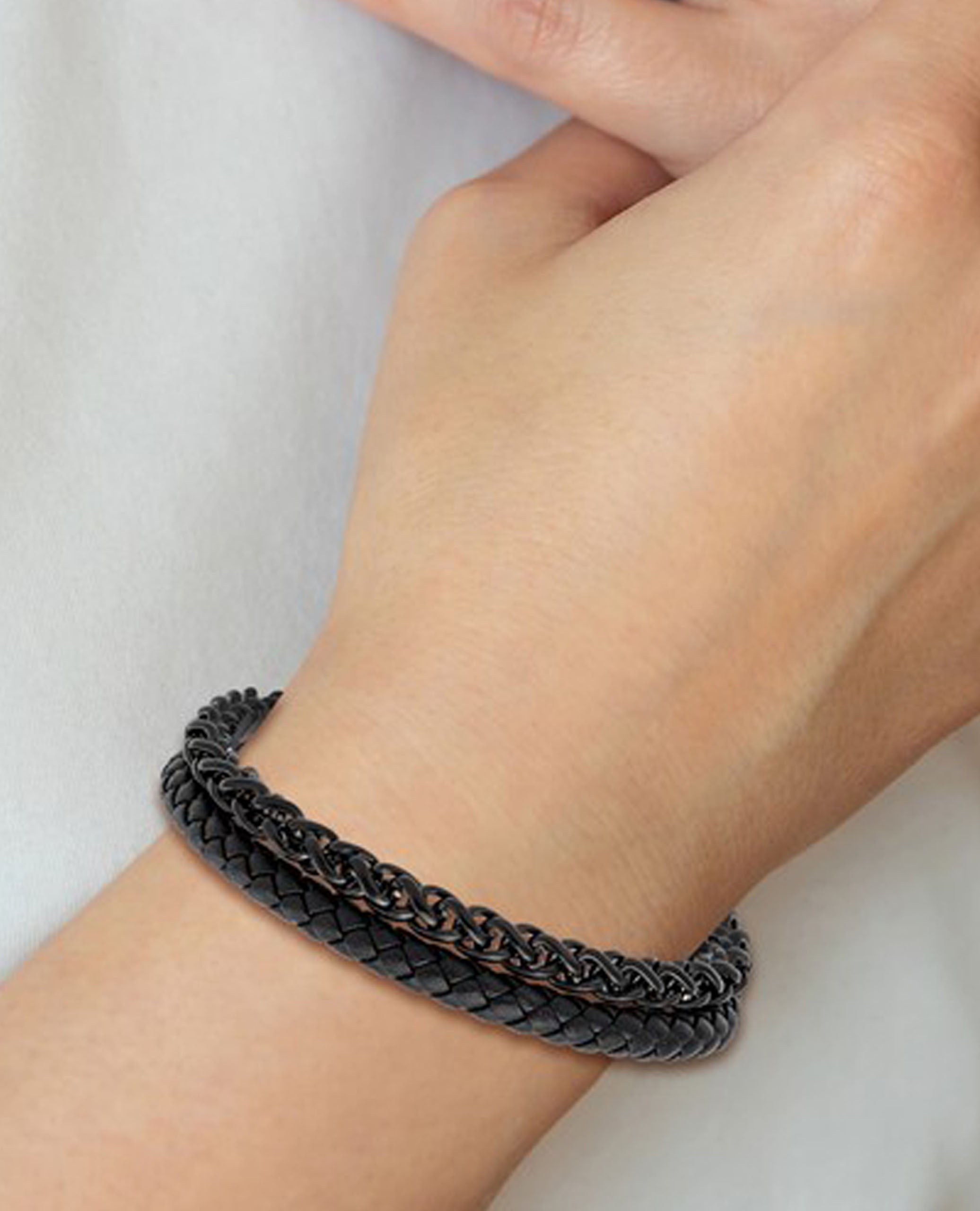 Stainless Steel Black Chain and Leather Bracelet