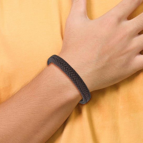 Dark Brown Leather Braided Bracelet with High Polish Stainless Steel Clasp