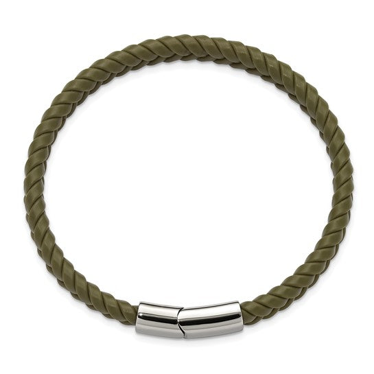 Green Braided Silicone Bracelet with Stainless Steel Clasp, 8 Inches