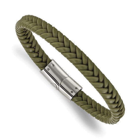 Green Braided Silicone Bracelet with Stainless Steel Clasp, 8 Inches