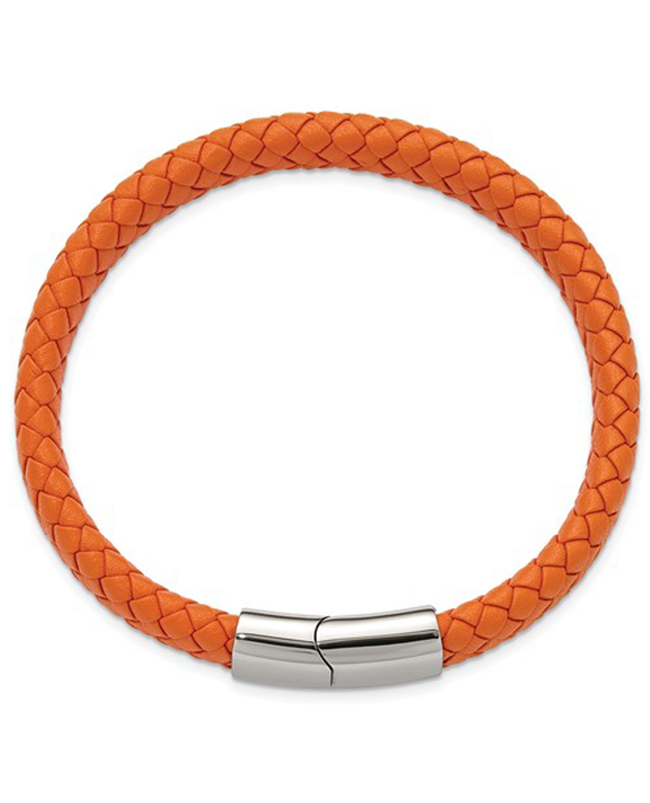 Stainless Steel Braided Orange Leather Bracelet