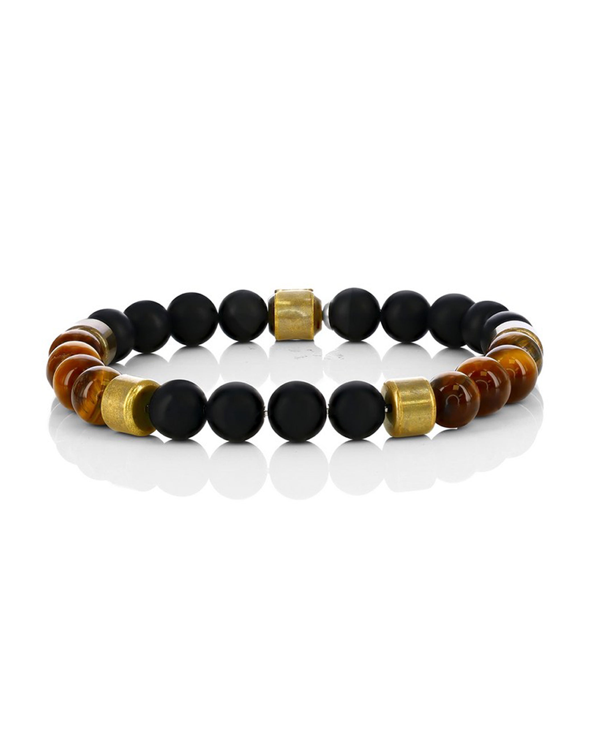 Men's Stainless Steel, 8mm Genuine Bead Bracelet - Tiger Eye & Onyx
