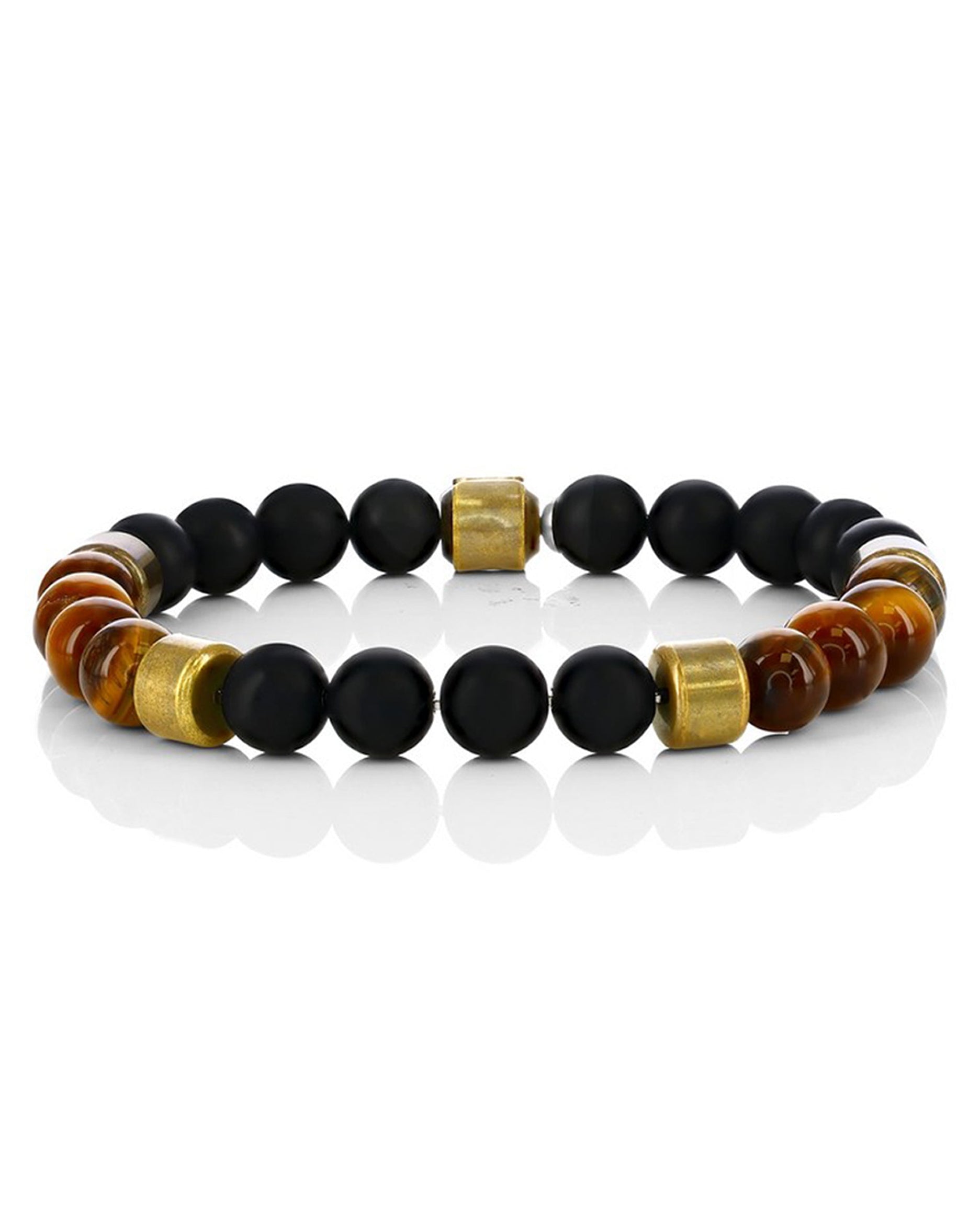 Men's Stainless Steel, 8mm Genuine Bead Bracelet - Tiger Eye & Onyx