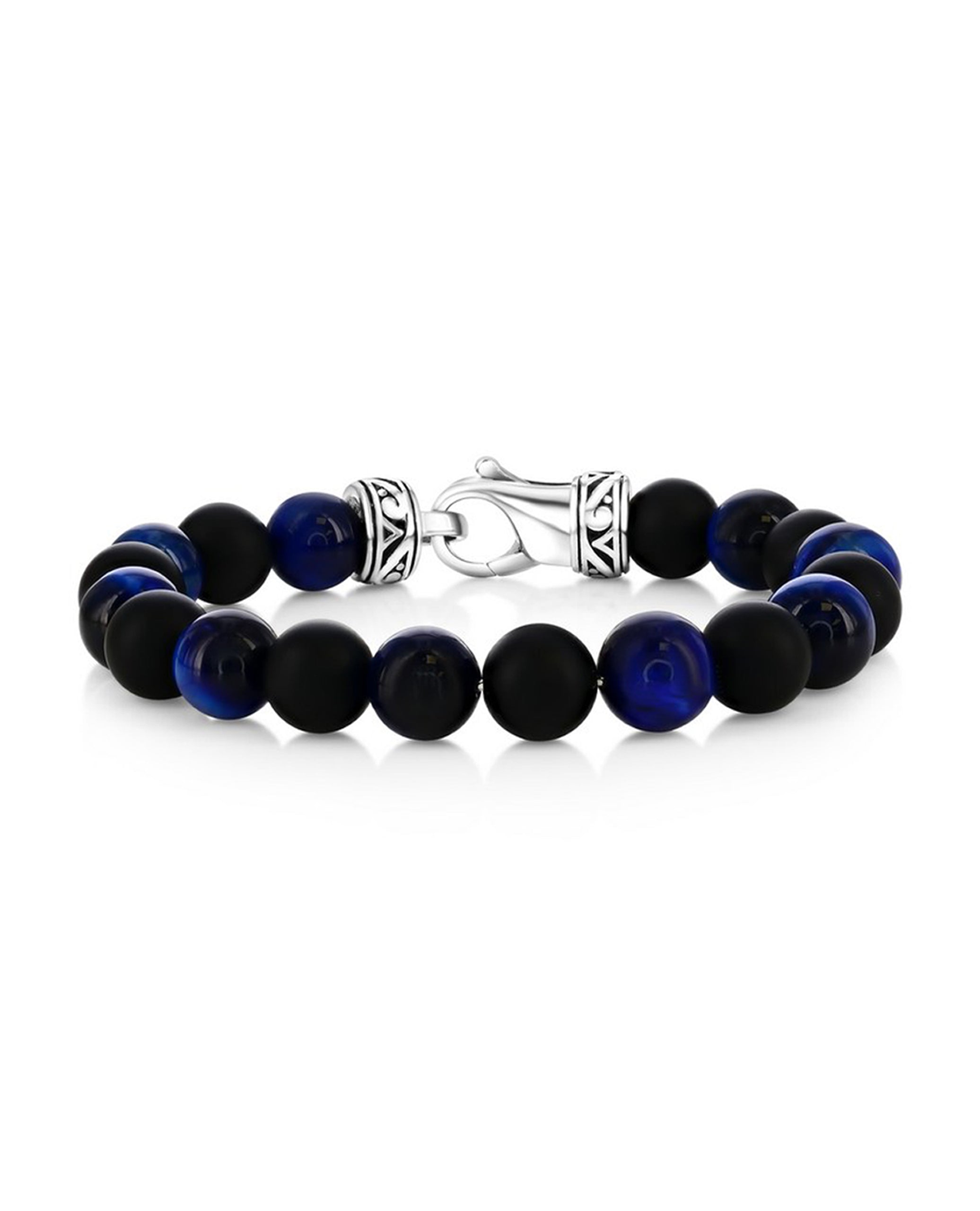 Men's Stainless Steel, 10mm Alternating Genuine Bead Bracelet - Blue Tiger Eye & Onyx
