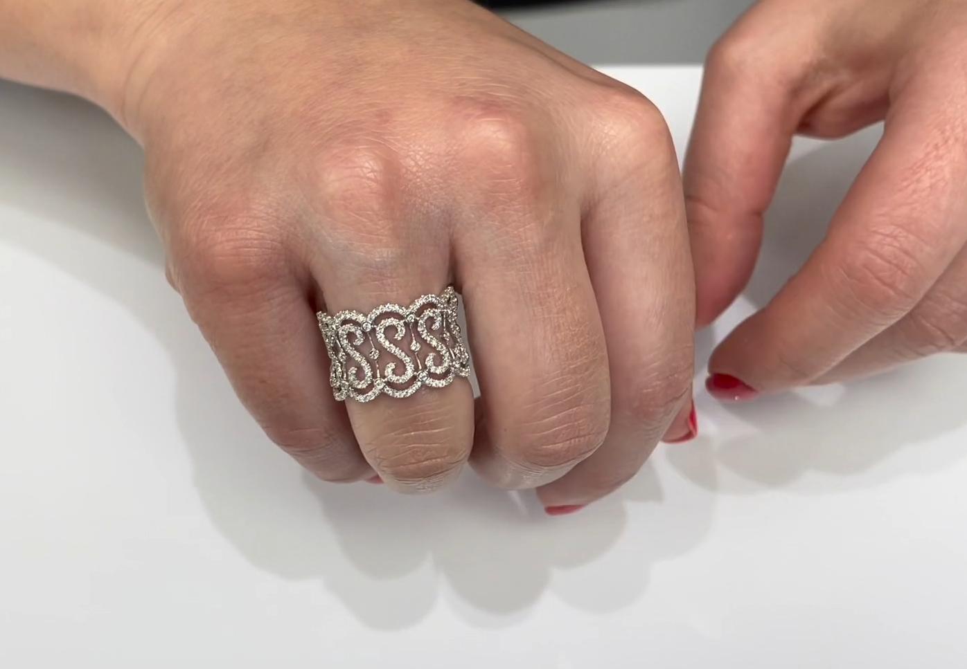 Vanna K Wide 14 Millimeter Diamond Ring in 18K White Gold with Repeating "S" Motif, Round Diamonds Totaling 0.69 Carats