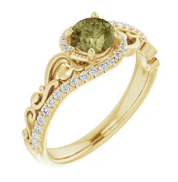 Payment 1 of 2: 14K Yellow Gold Engagement Ring with 5.0-5.2 mm Round AA Natural Green Sapphire and Natural Diamonds 0.17 Carat Total Weight.