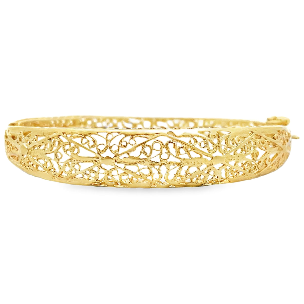 Pre-Owned Vintage 14K Yellow Gold Open-Work Scroll and Filigree Detailed Hinged Bangle Bracelet with Safety Clasp